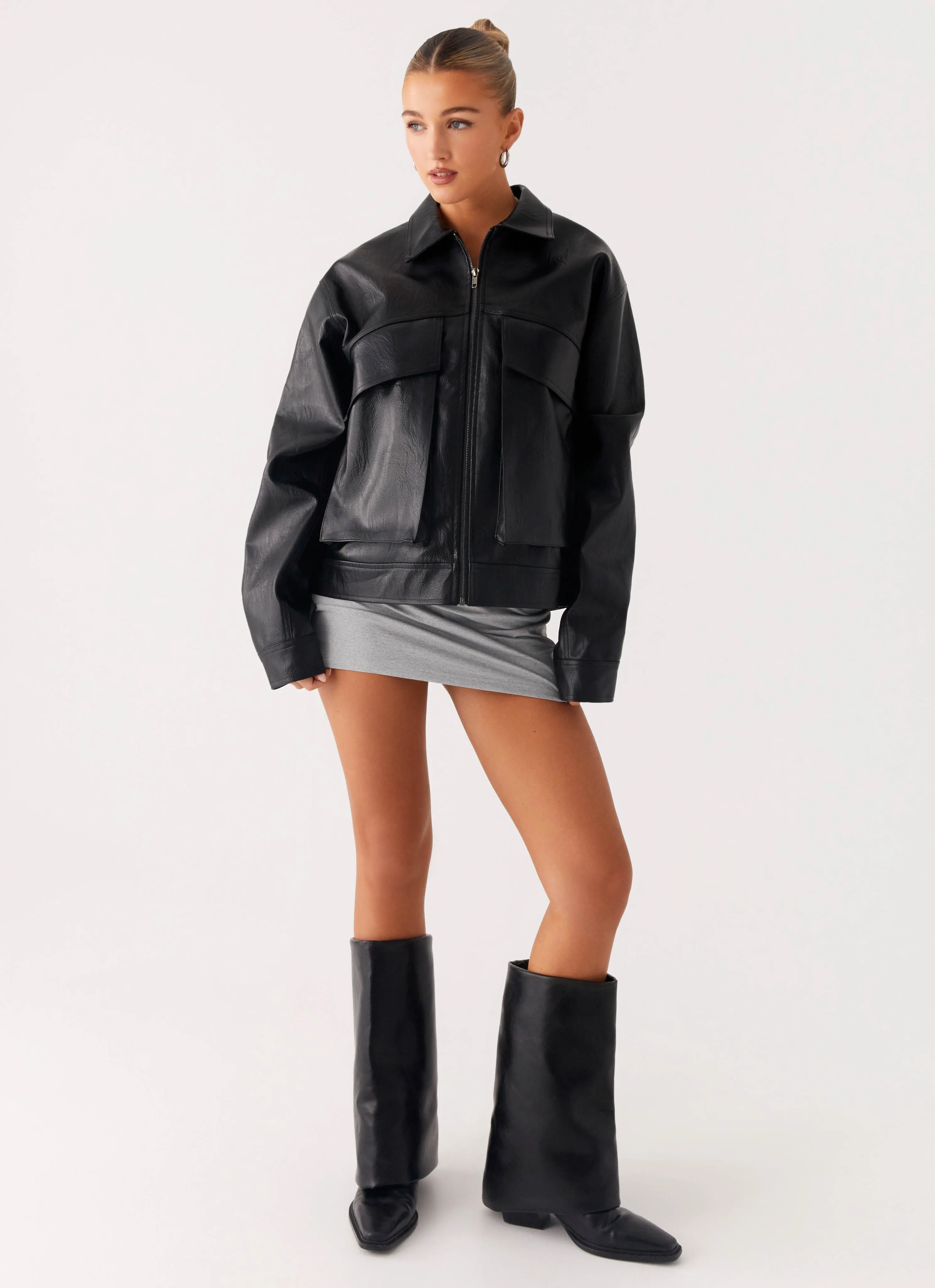 Lula Tassle Faux Leather Bomber Jacket - Black Packable Style Waist String