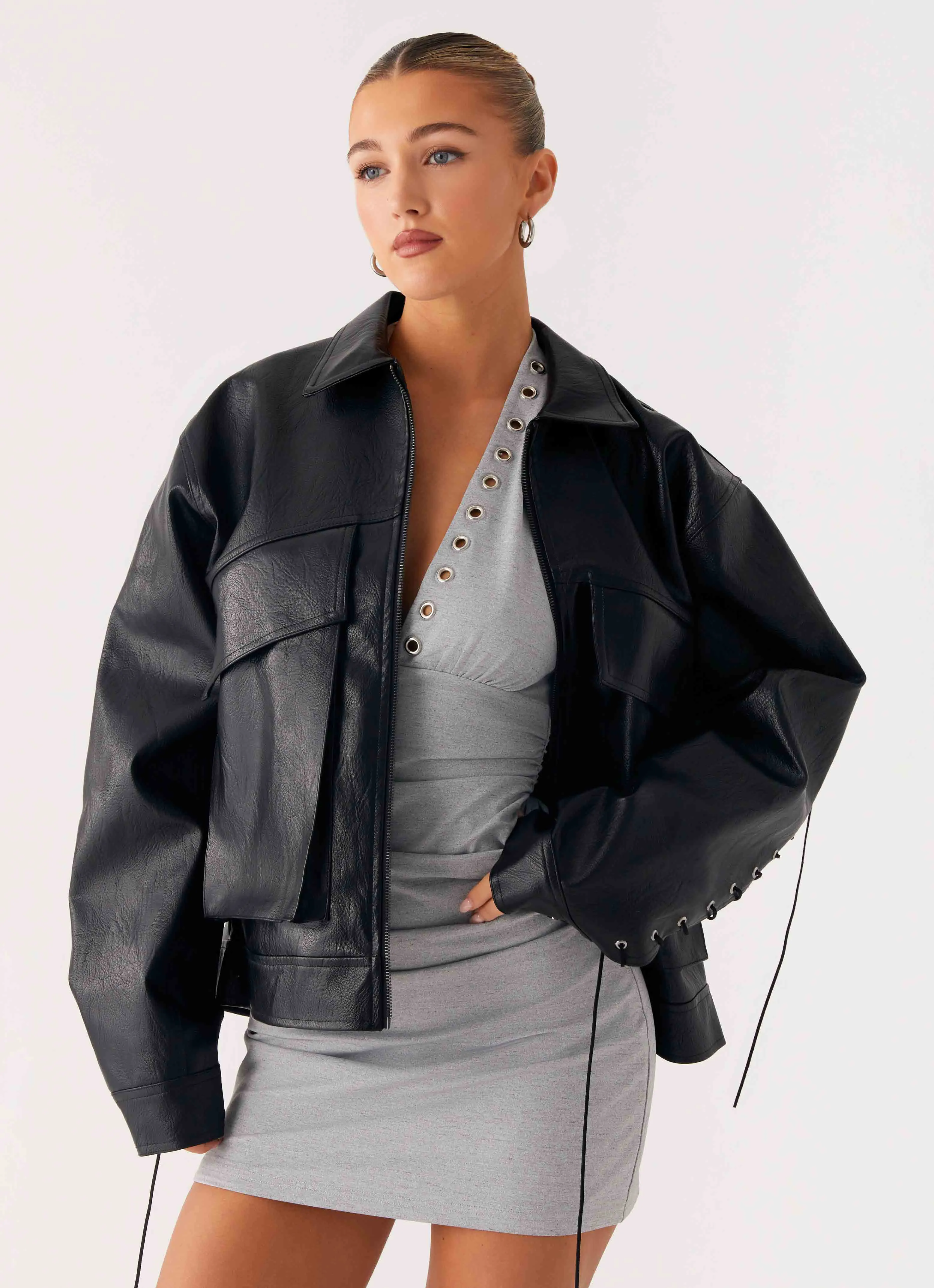 Lula Tassle Faux Leather Bomber Jacket - Black Soft Touch Lining High Collar Options