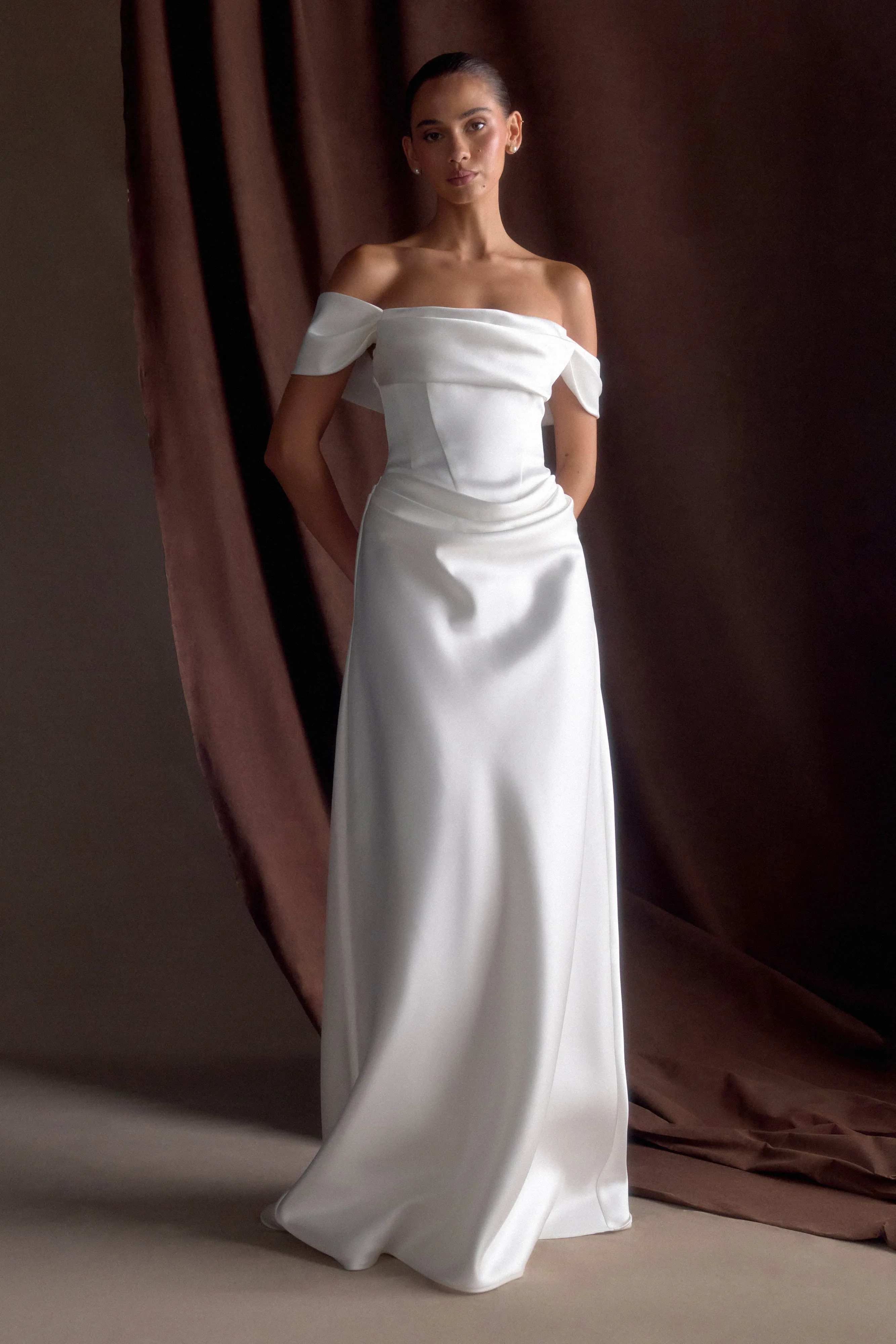 Luna Satin Off Shoulder Gown - White Comfy Design
