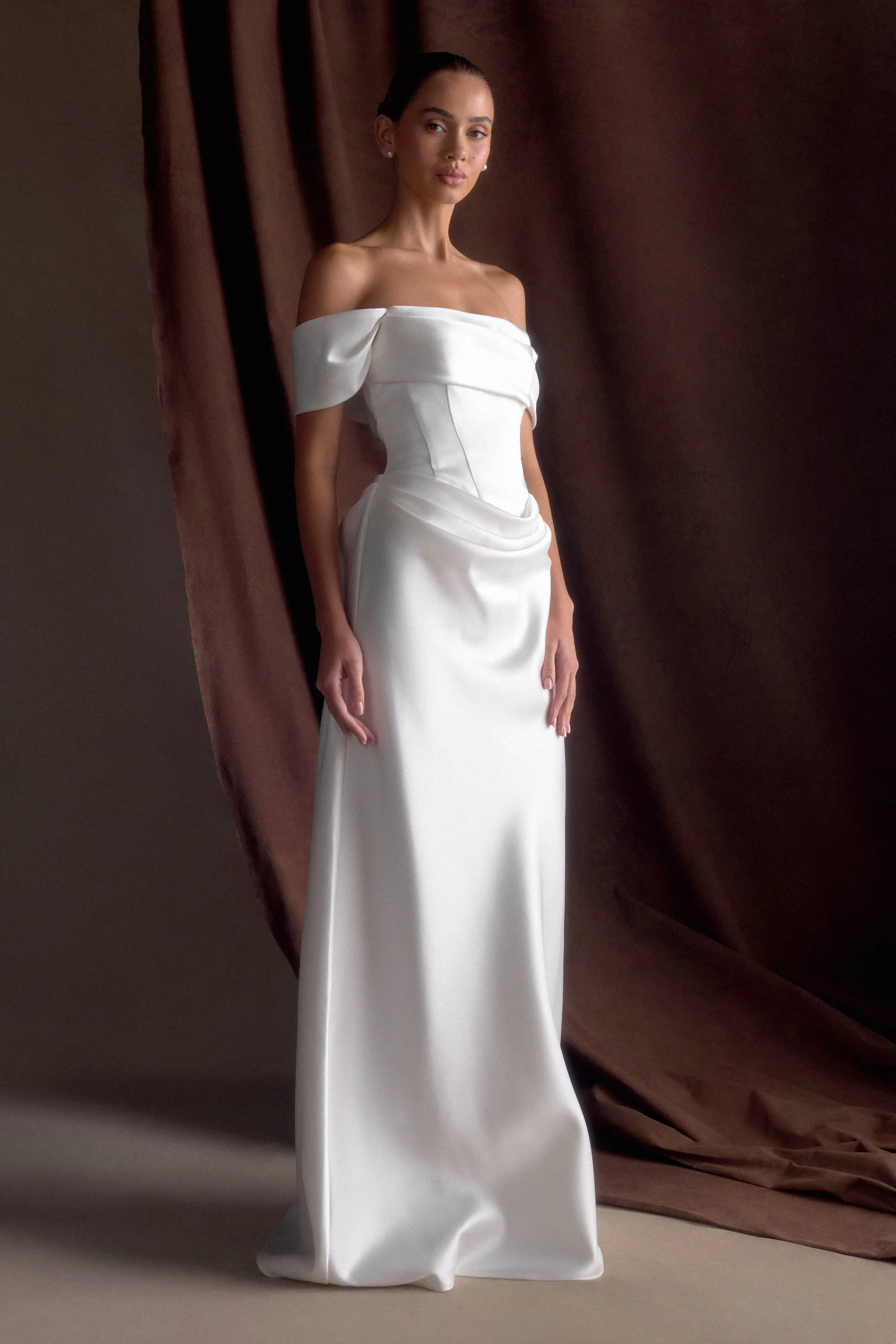 Dreamy Presence Luna Satin Off Shoulder Gown - White