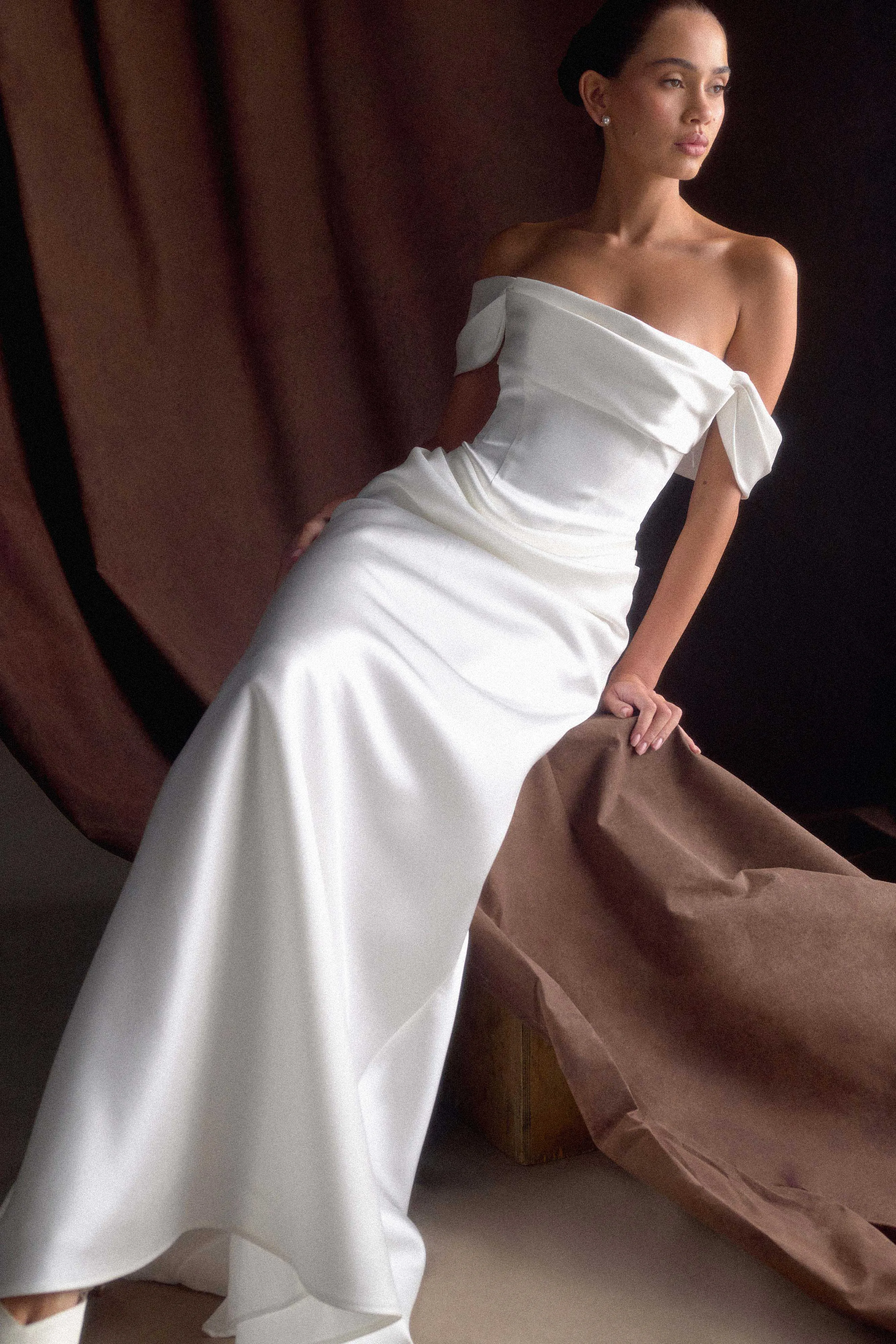 Feminine Layers Luna Satin Off Shoulder Gown - White