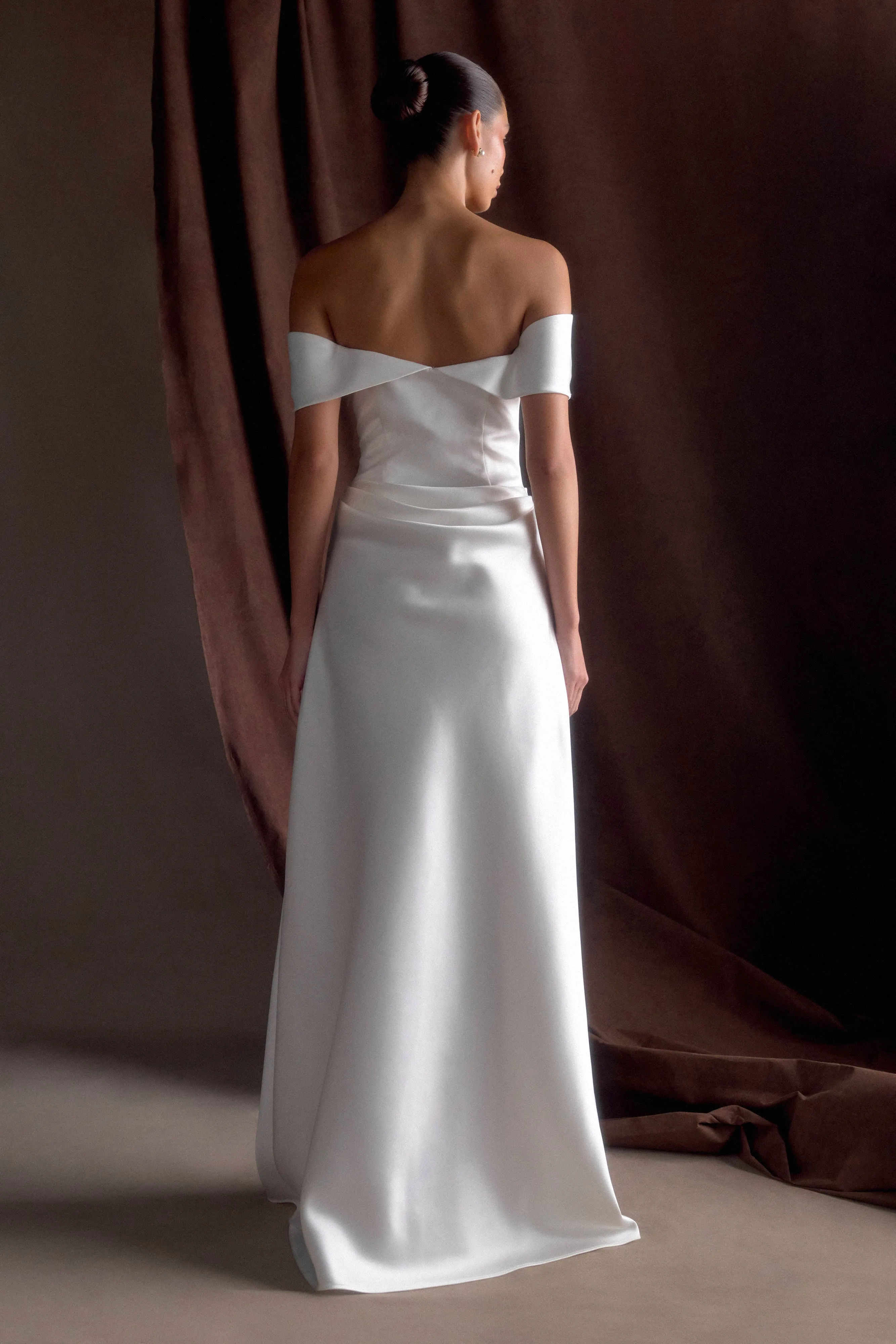 Simple Shape Dry-Clean-Only Luna Satin Off Shoulder Gown - White
