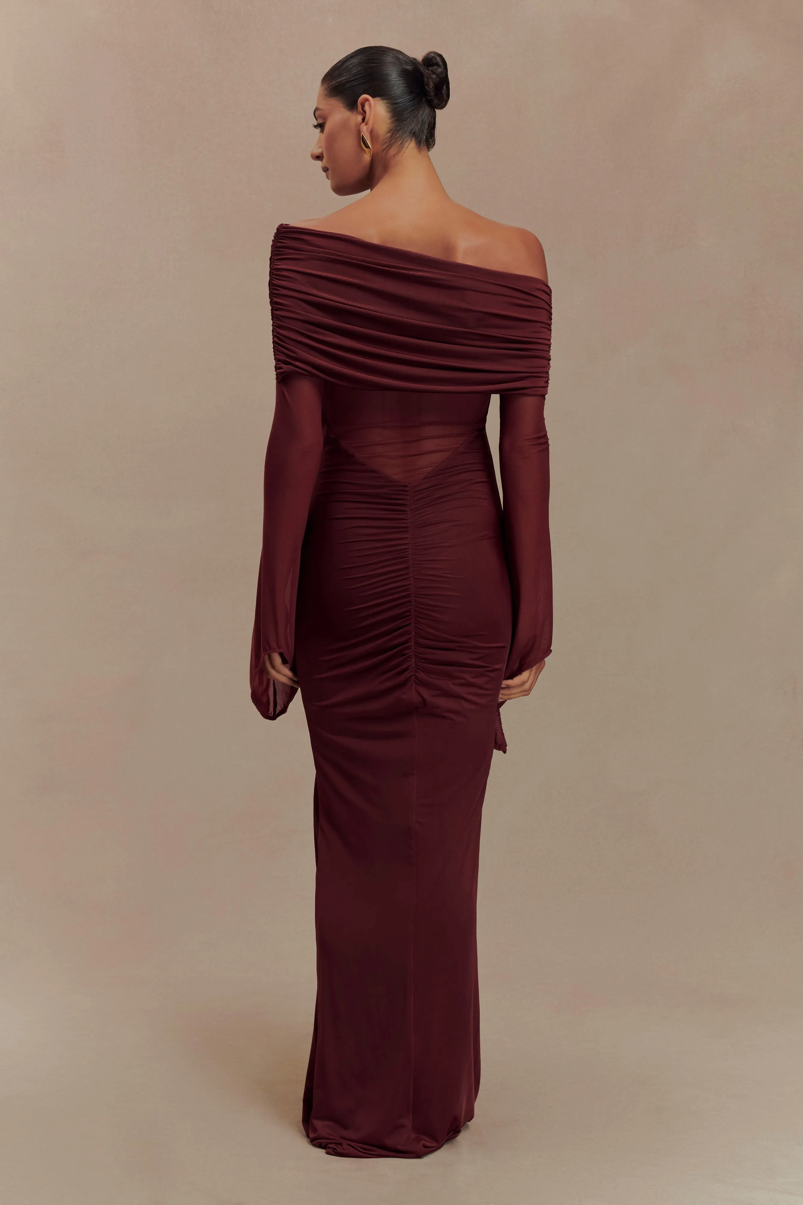 Kaitlin One Shoulder Slinky And Mesh Maxi Dress - Burgundy Timeless Soft