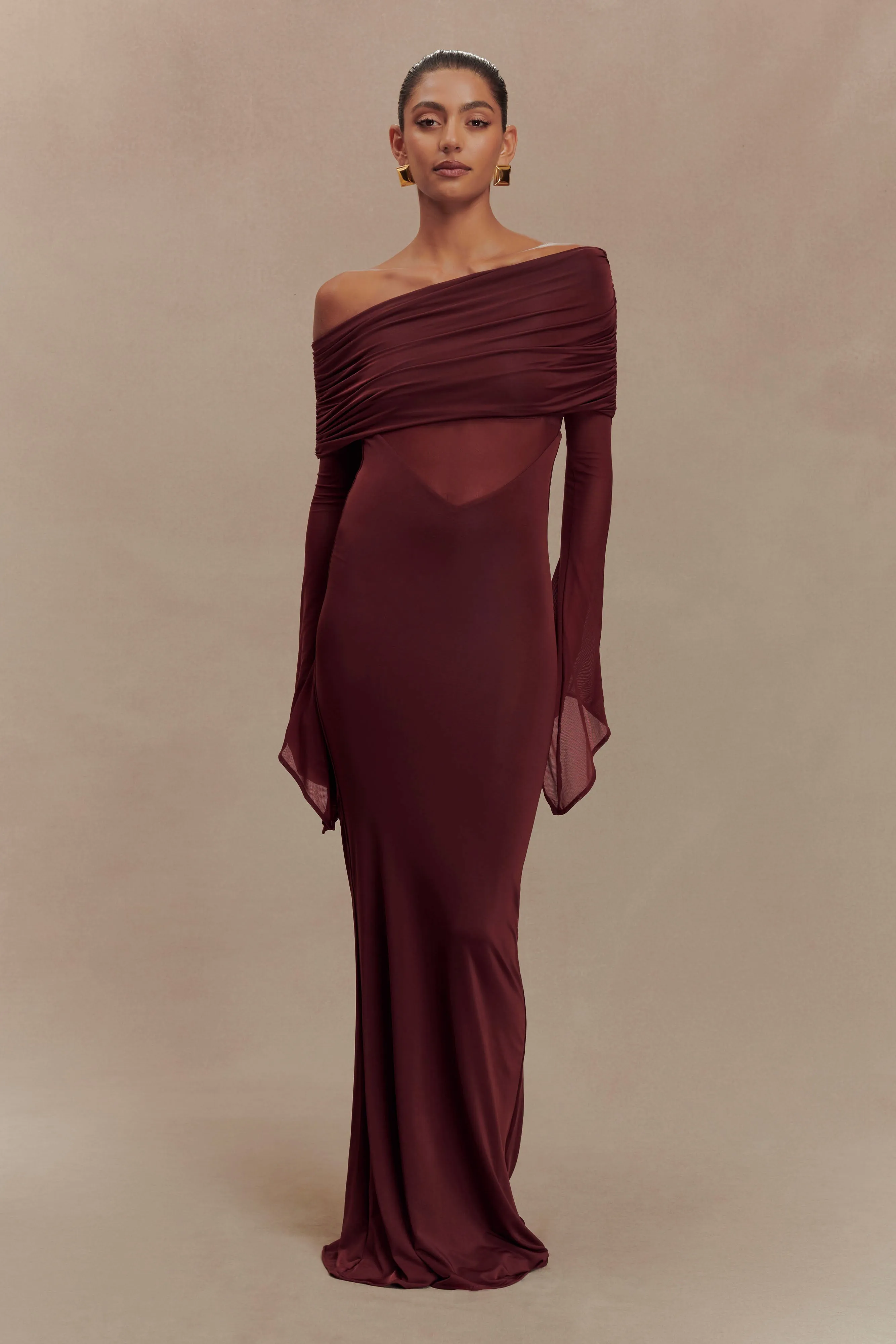 Kaitlin One Shoulder Slinky And Mesh Maxi Dress - Burgundy Fashion Forward