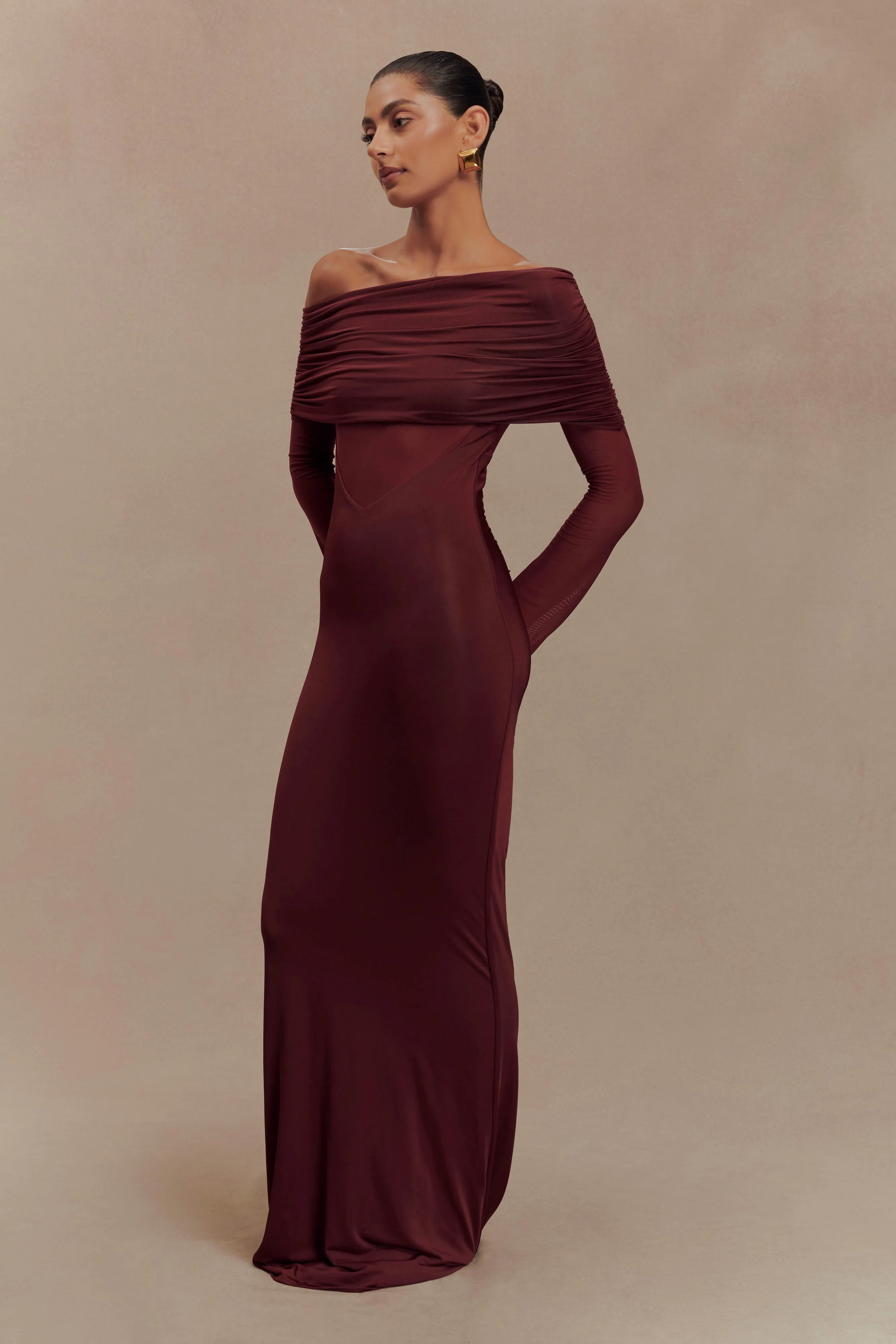 Lace Ease Breeze Flow Kaitlin One Shoulder Slinky And Mesh Maxi Dress - Burgundy