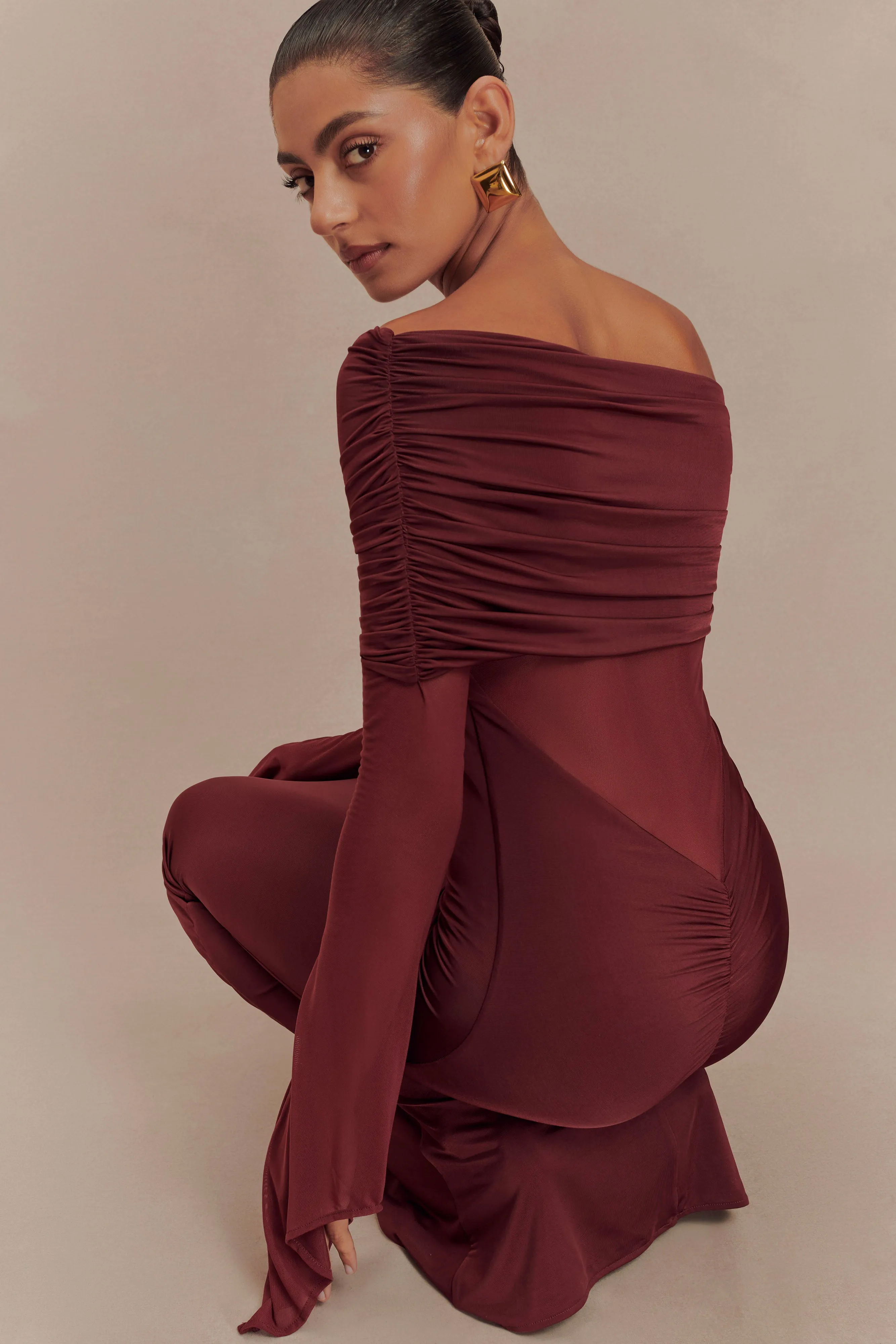 Perfect For Work Kaitlin One Shoulder Slinky And Mesh Maxi Dress - Burgundy