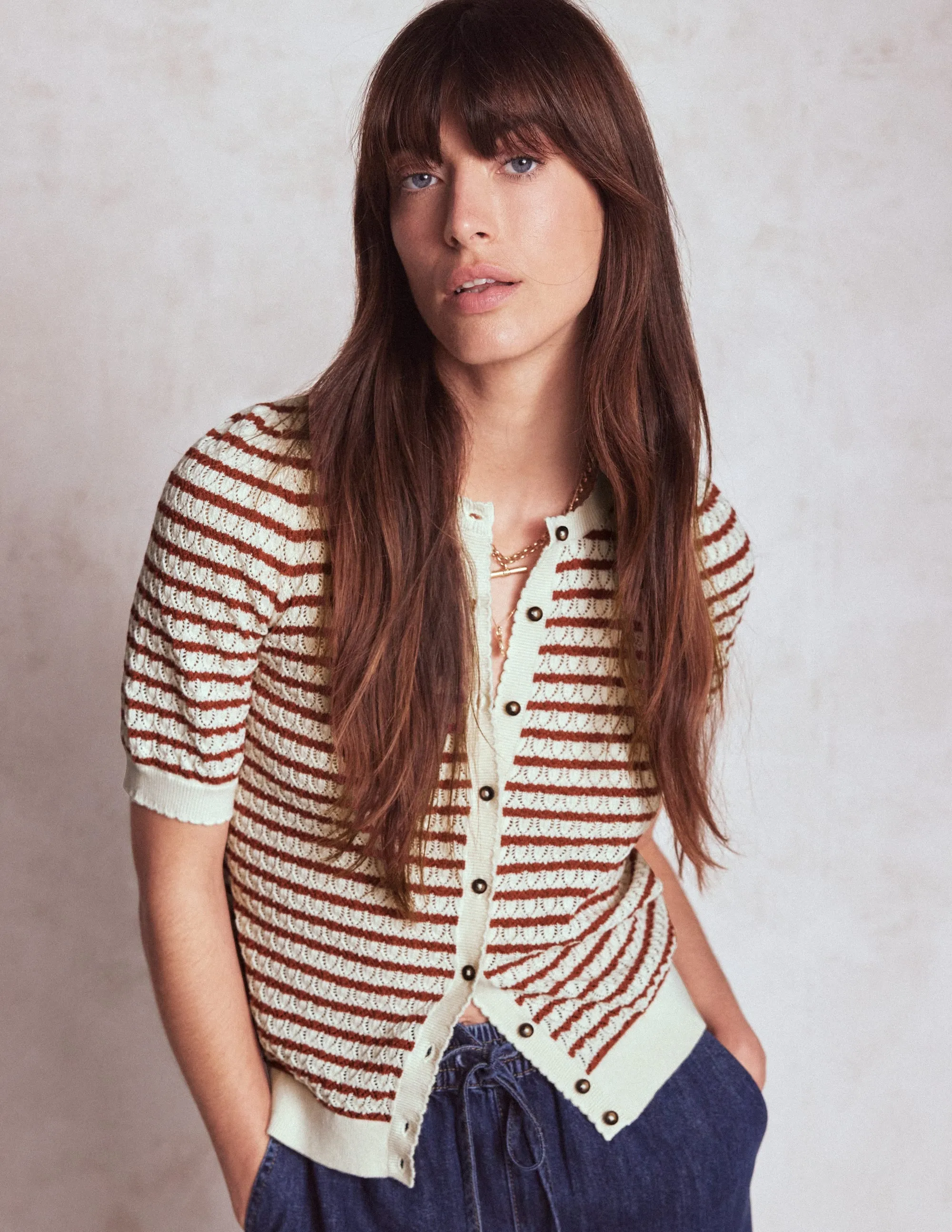 Dot Pointelle Cardigan-Warm Ivory/ Red Moisture Management System Crew Neckline