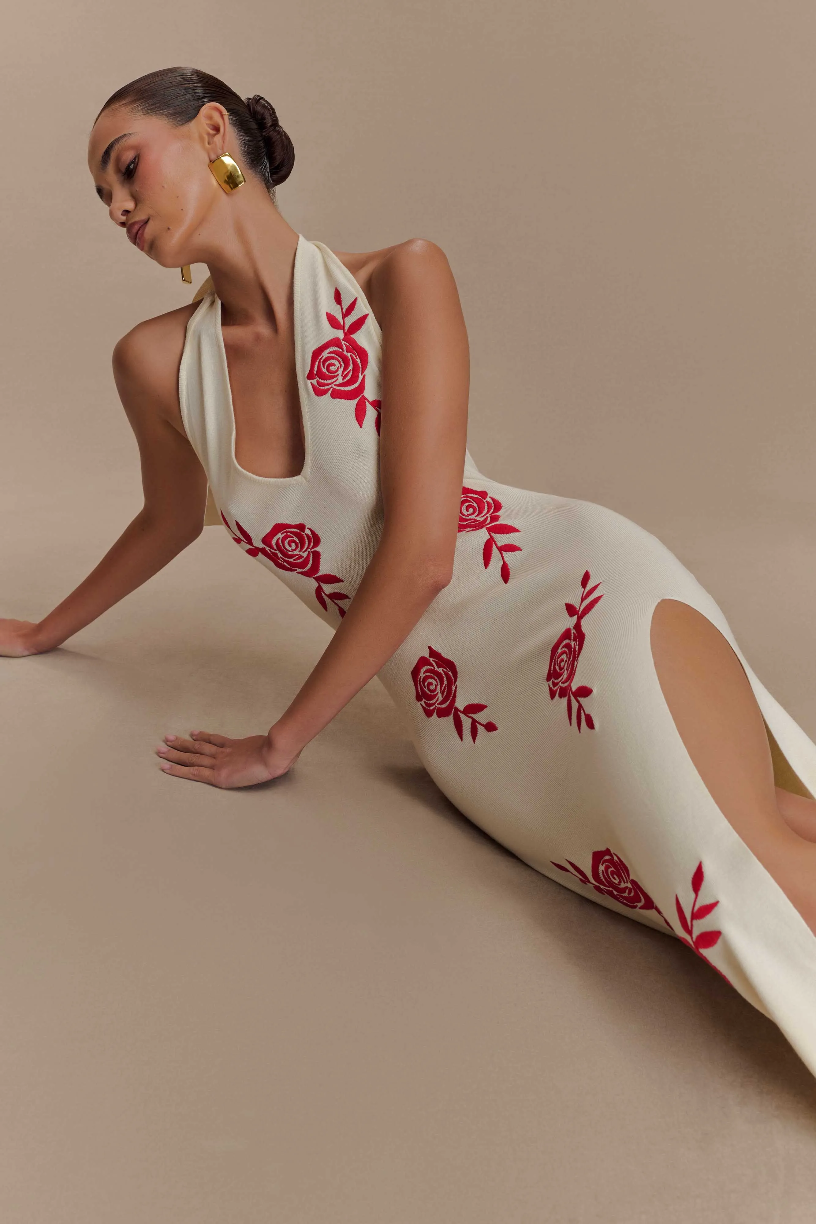 Shiloh Rose Knit Halter Maxi Dress - Ivory Fashion Option