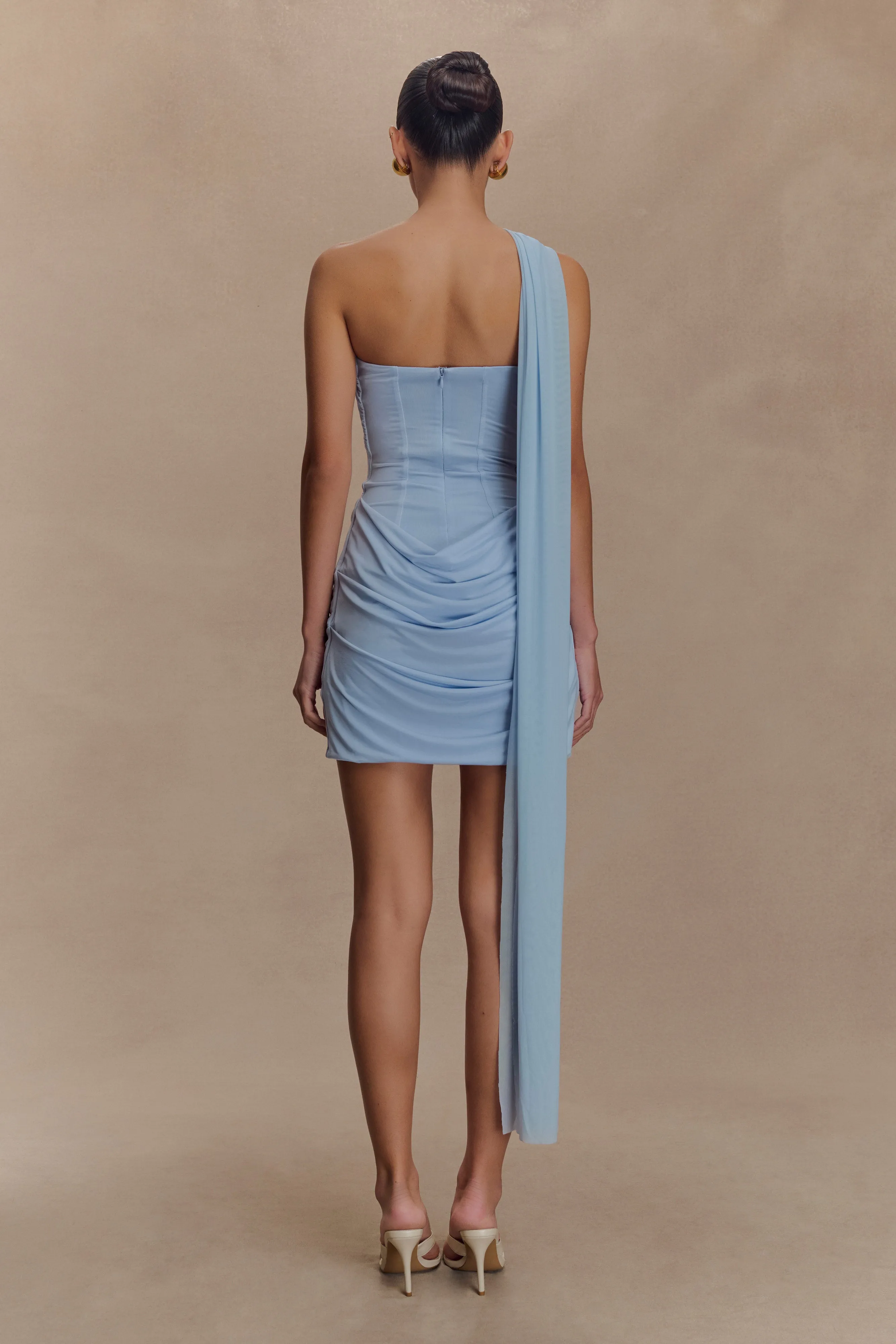 Must-have Resort Outfit Mattea Slinky And Mesh Mini Dress With Scarf - Powder Blue