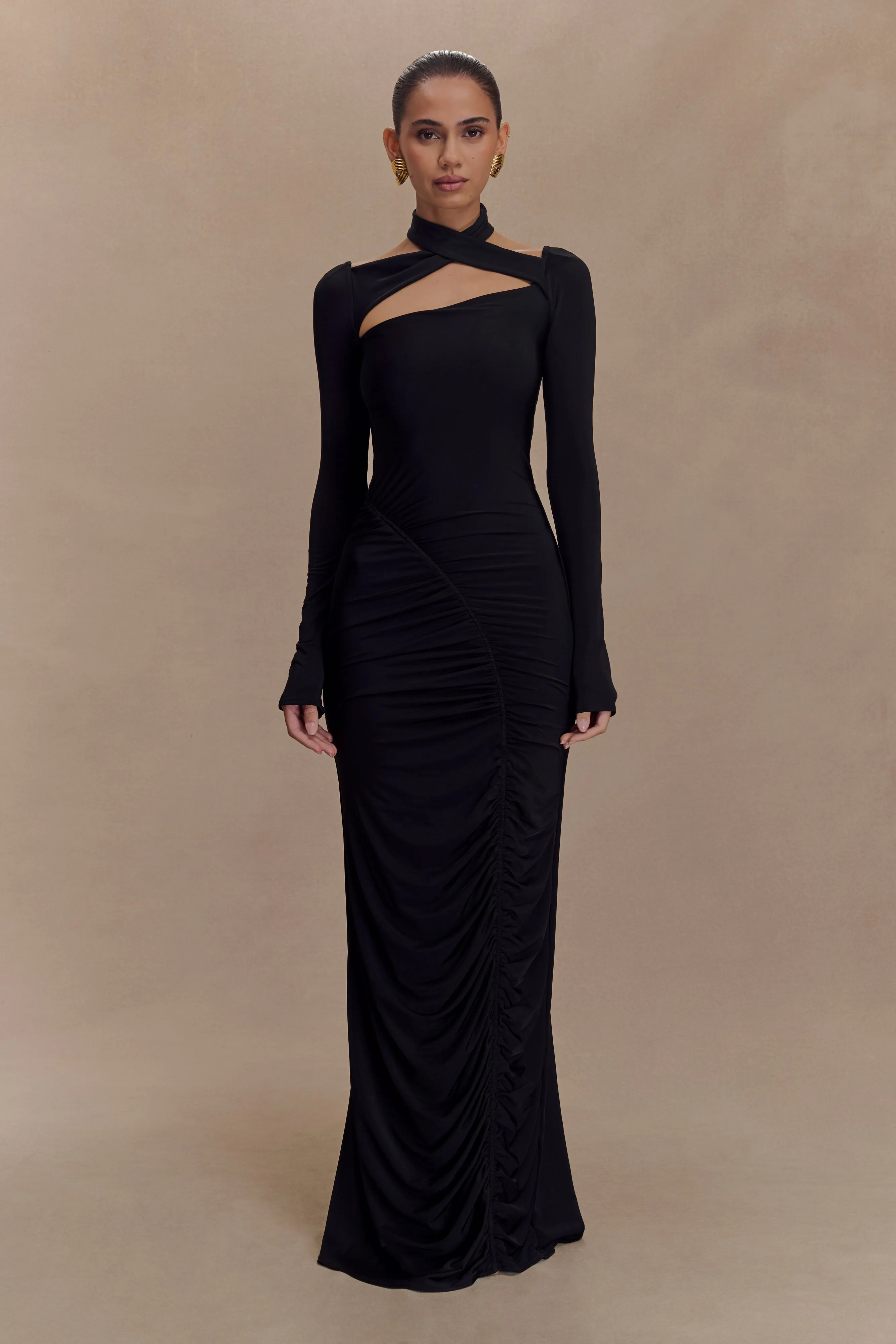 Lyndon Long Sleeve Slinky Maxi Dress - Black Fall Ready Occasion Wear