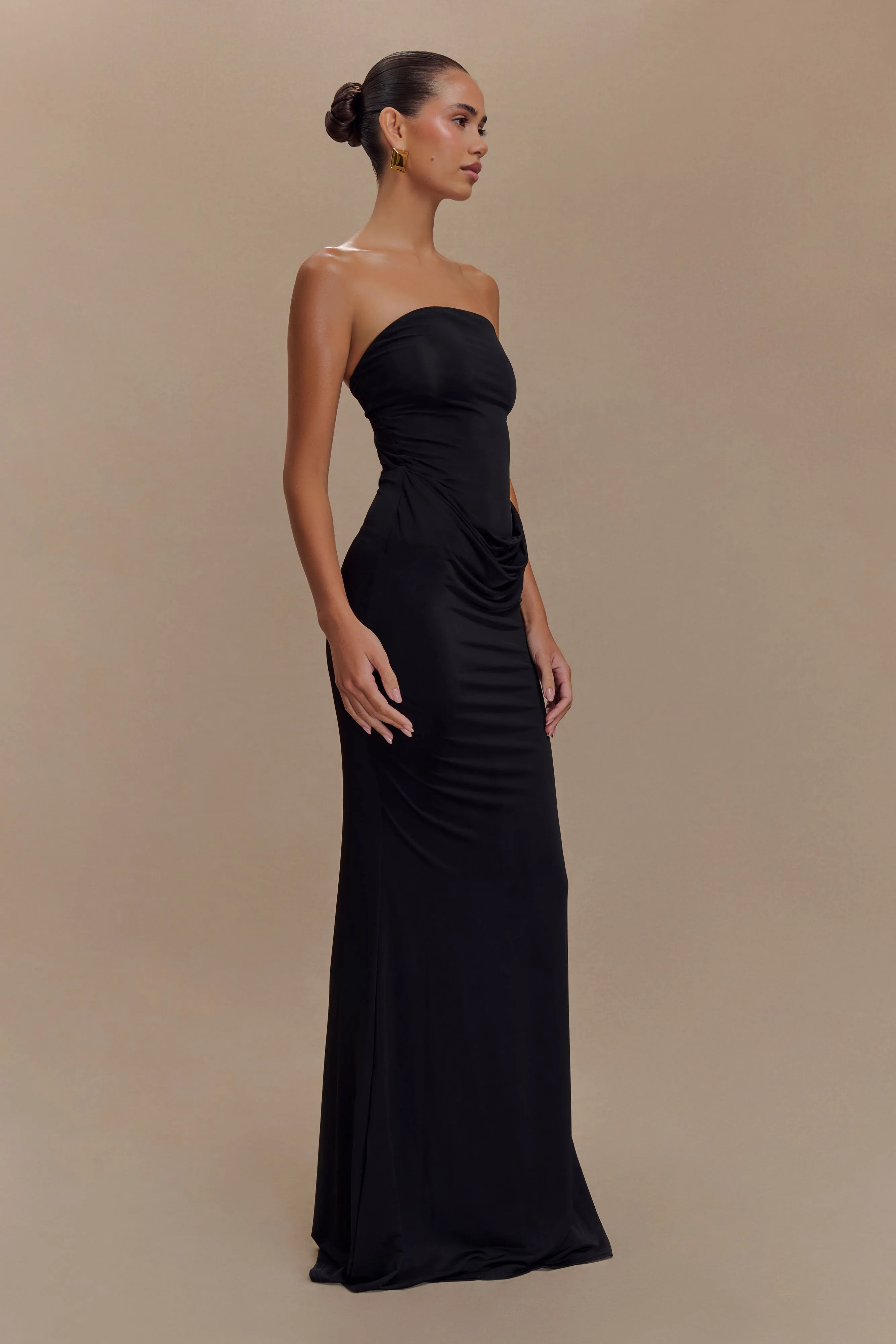 Madison Strapless Slinky Maxi Dress - Black Sleek Waist Design Fit Soft Silhouette