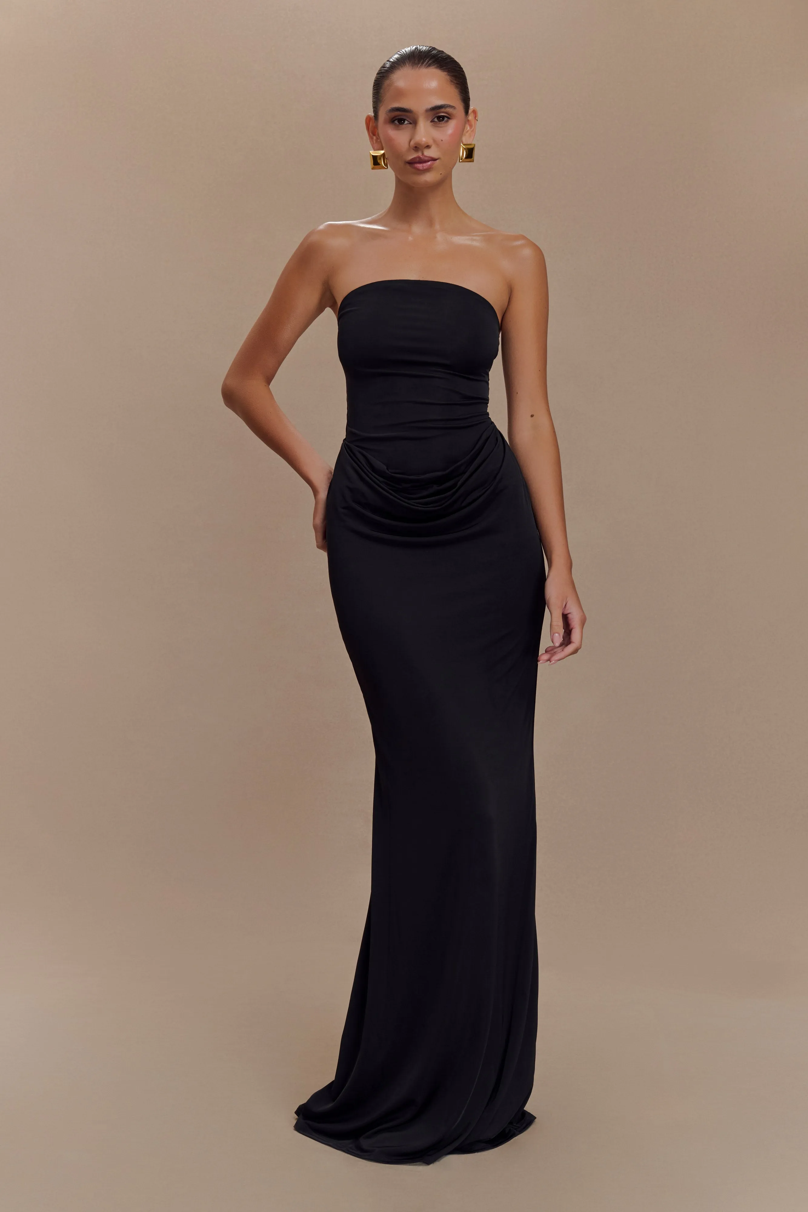 Madison Strapless Slinky Maxi Dress - Black Quick Outfit