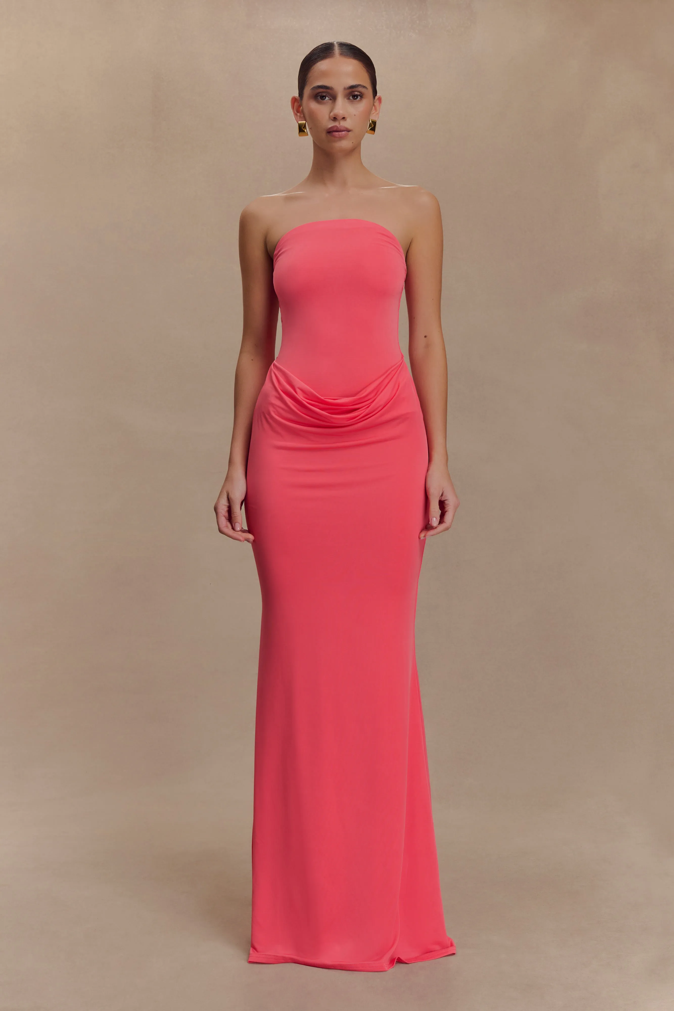 foldable Madison Strapless Slinky Maxi Dress - Coral