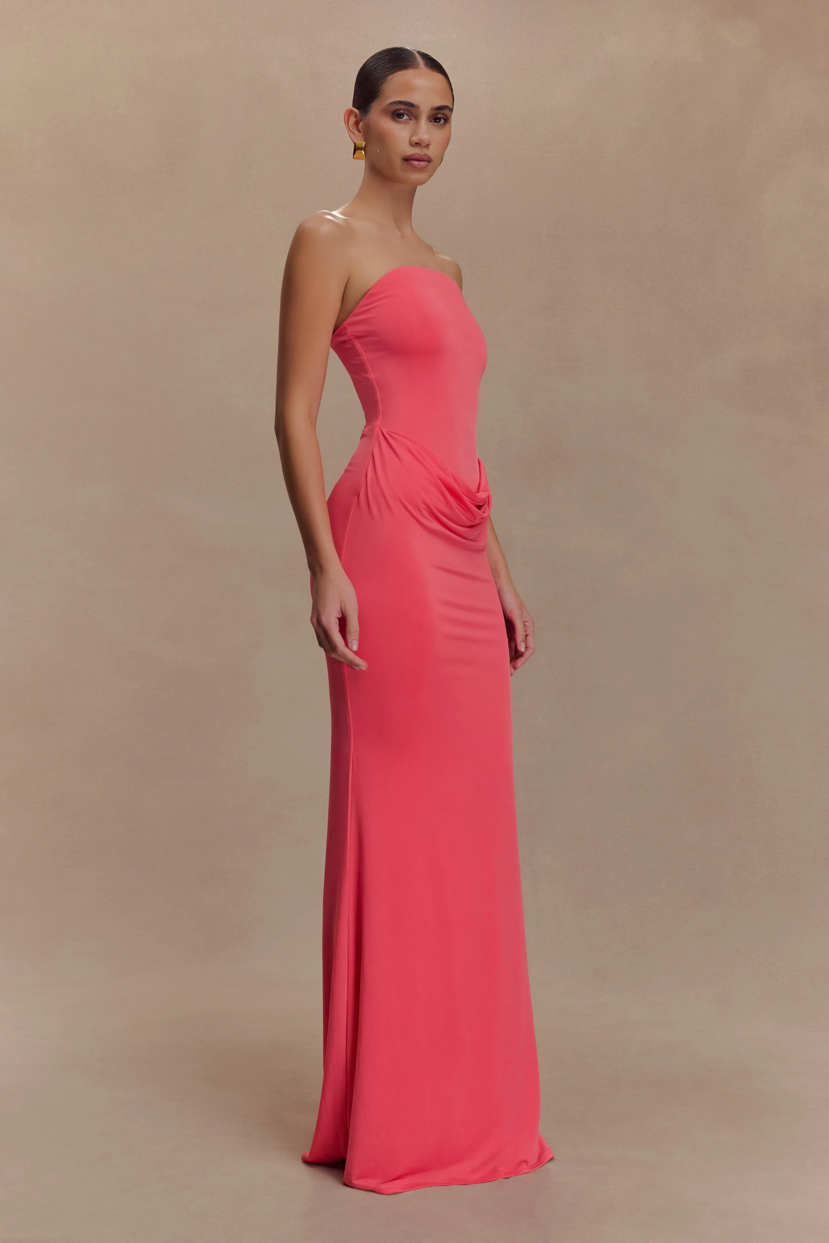 Madison Strapless Slinky Maxi Dress - Coral Soft Fashion