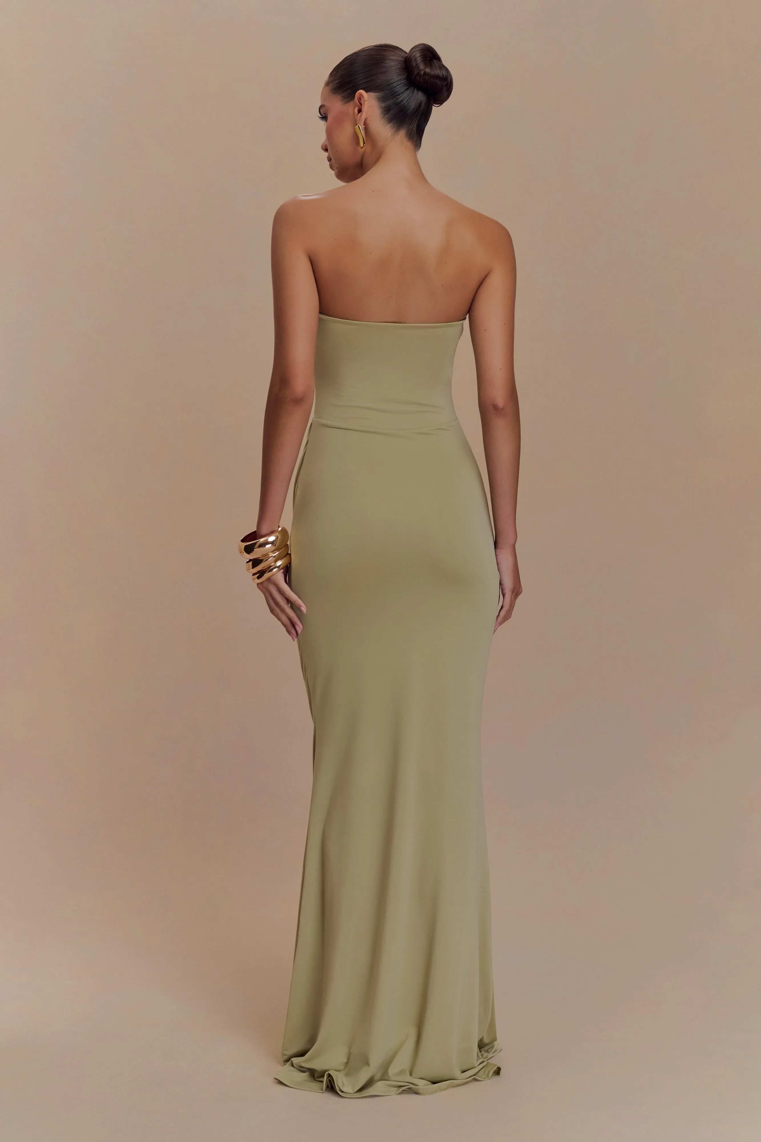 Sophisticated and Relaxed Madison Strapless Slinky Maxi Dress - Sage