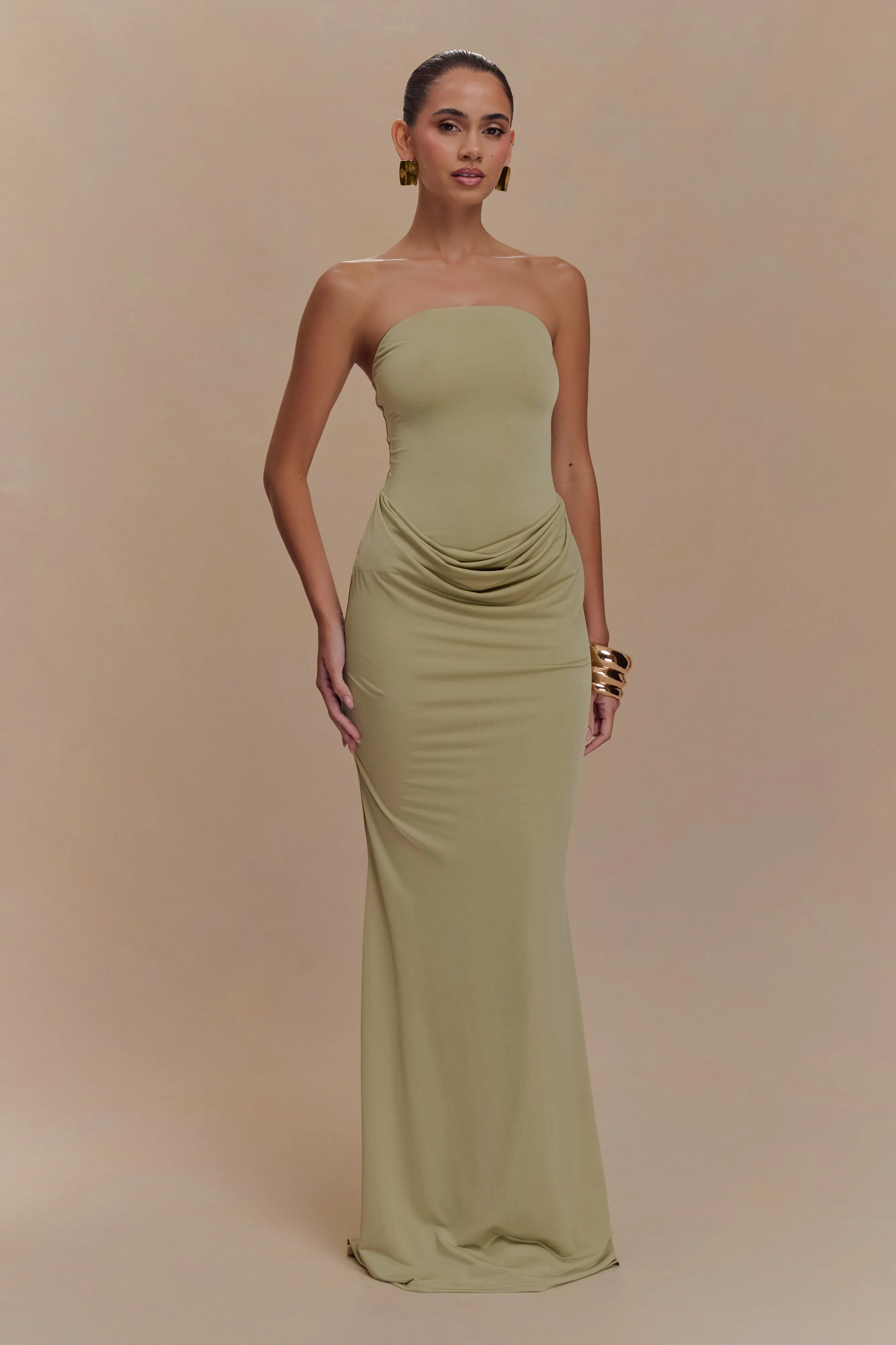 Madison Strapless Slinky Maxi Dress - Sage Comfortable shift dress
