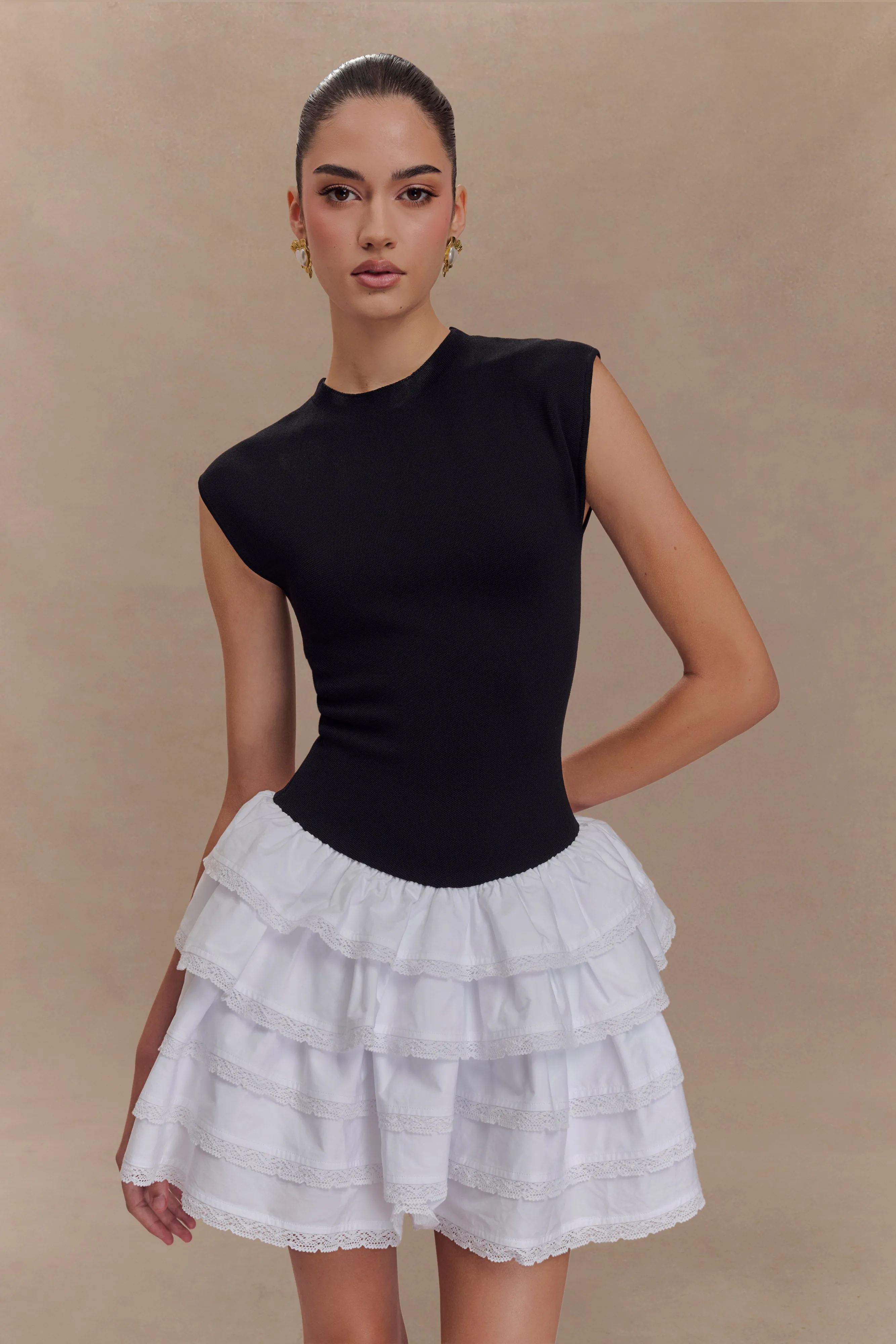 Transitional-Wear Maeve Contrast Ruffle Knit Mini Dress - Black/White