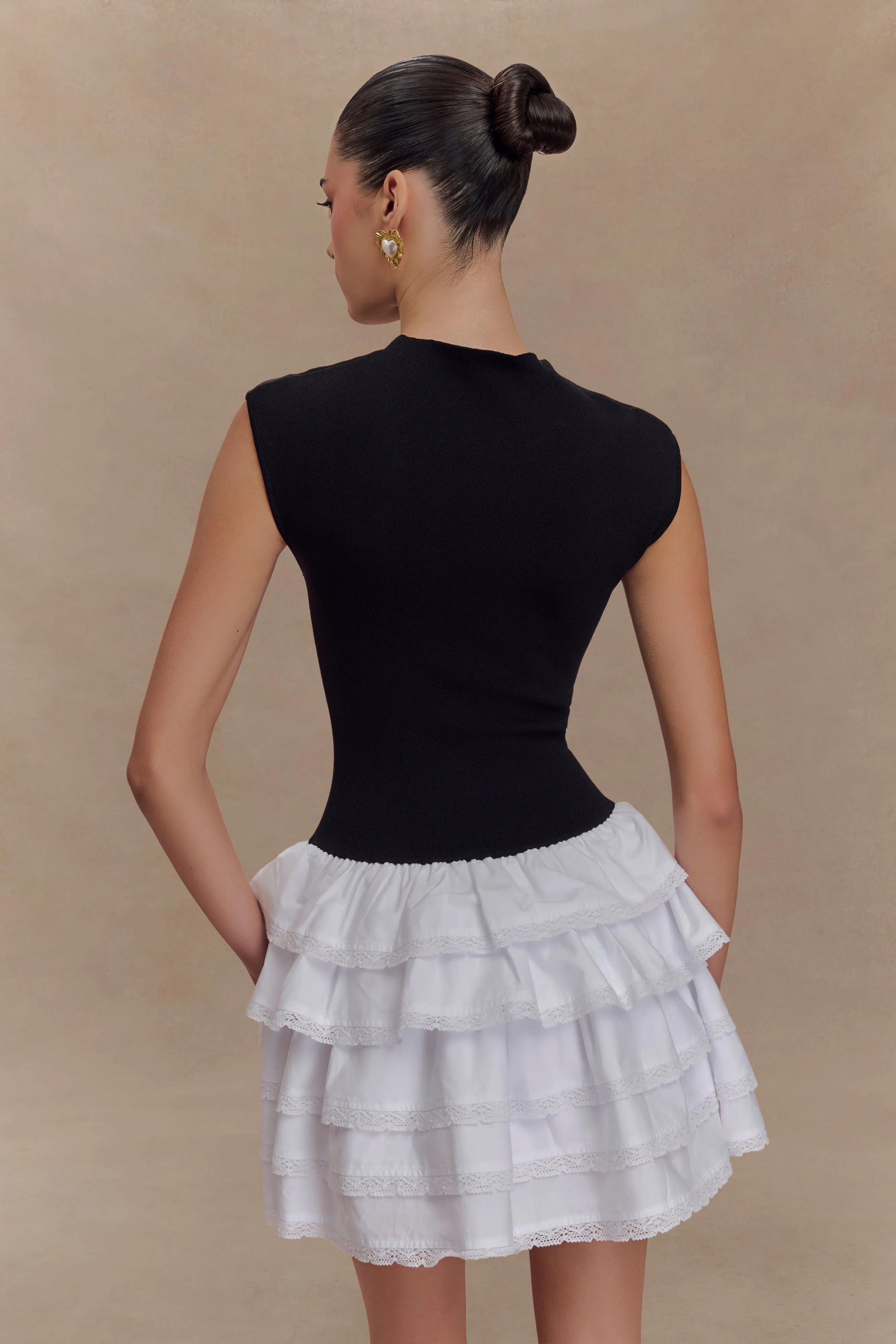 Maeve Contrast Ruffle Knit Mini Dress - Black/White Feminine Vibe