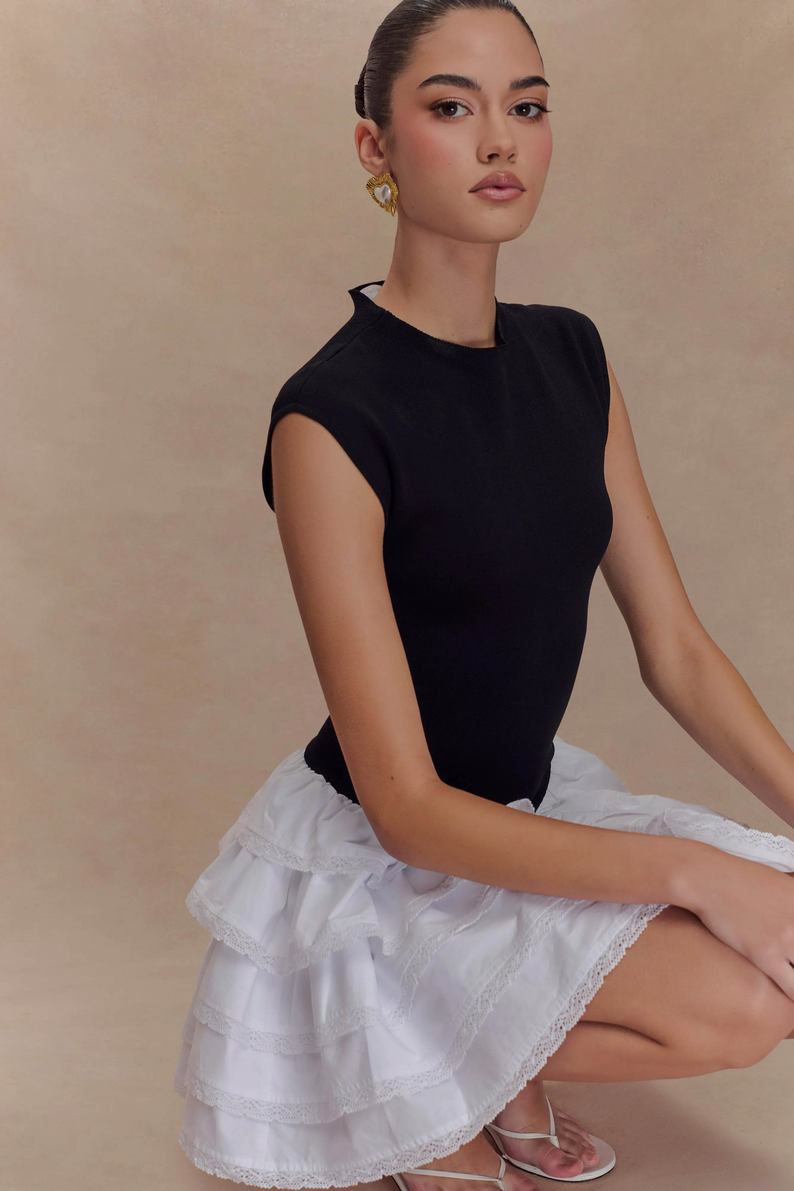 Flattering Waistband Maeve Contrast Ruffle Knit Mini Dress - Black/White