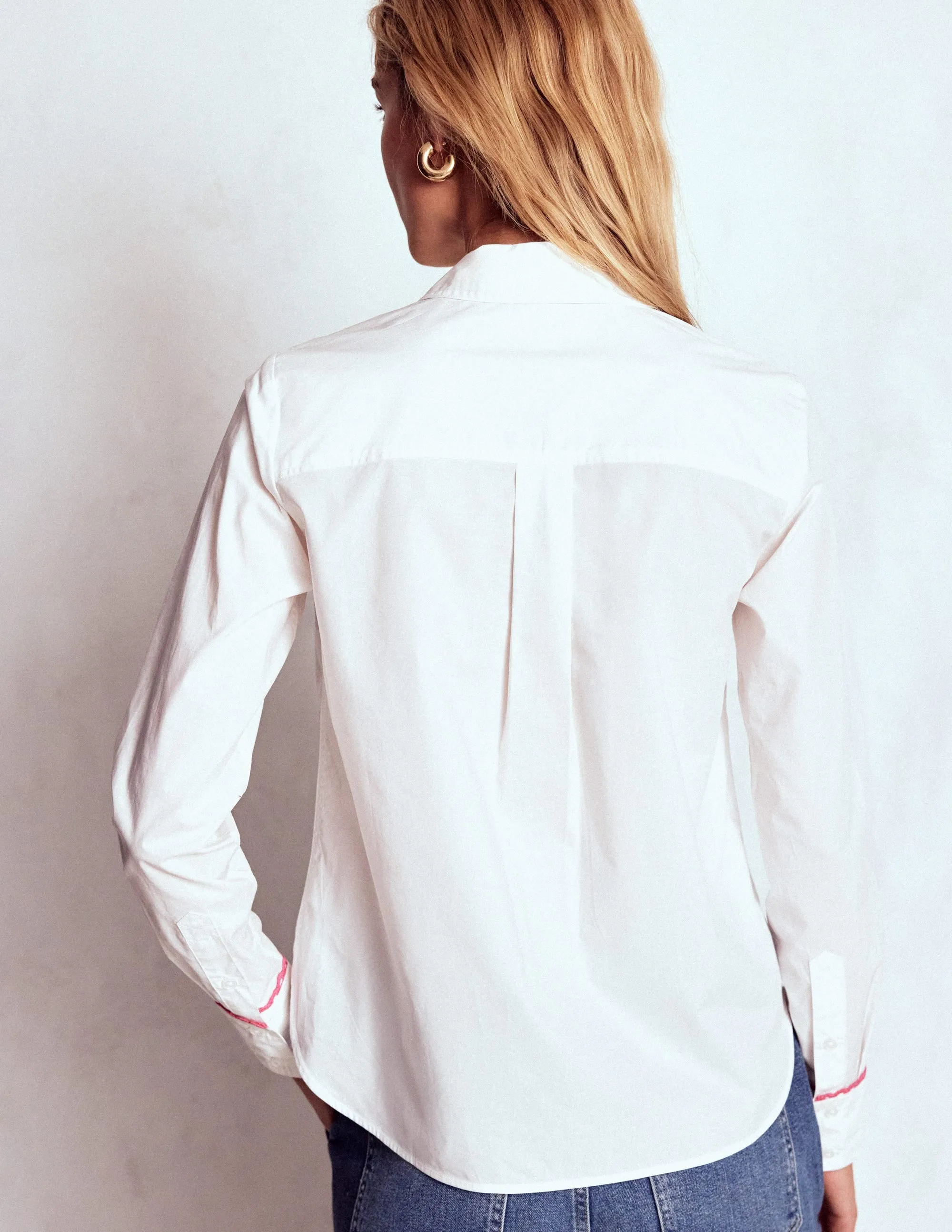 Sienna Interest Cotton Shirt-White, Multi Trim Sporty Comfort Fit