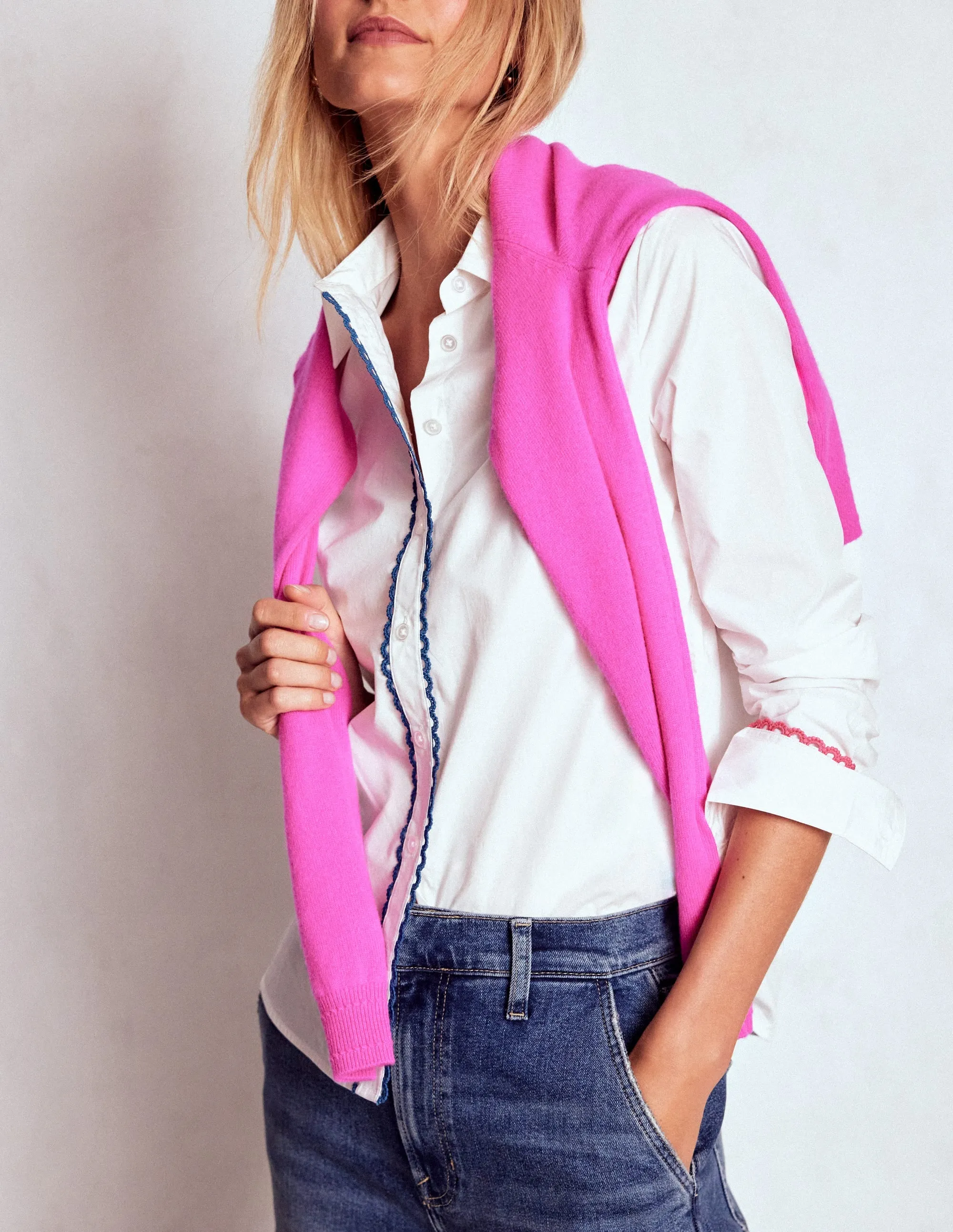 Quick Comfort Fit AllSeasonWear Sienna Interest Cotton Shirt-White, Multi Trim