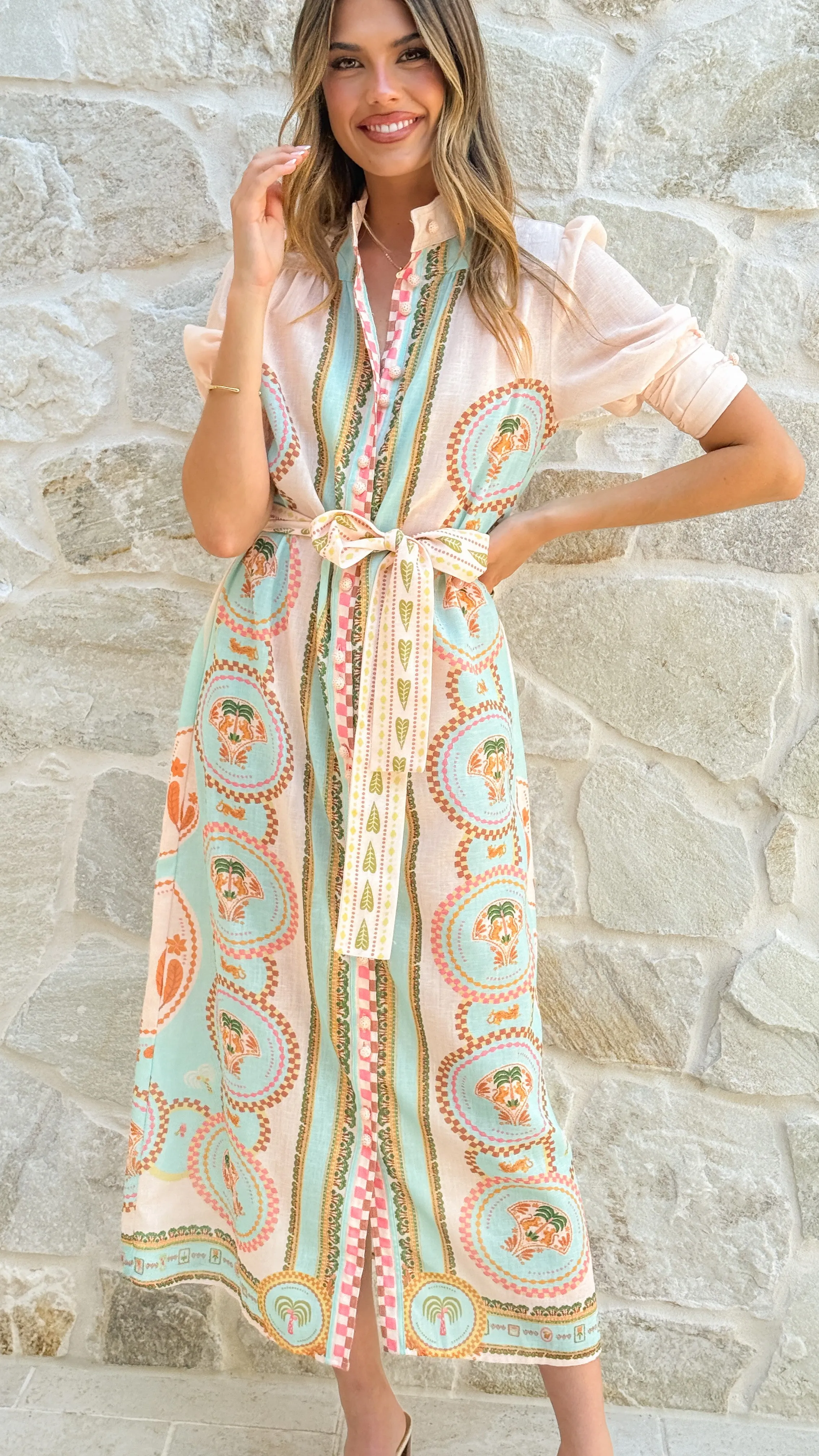 Smart Fabric Layered-Look Magnolia Midi Dress - Acacia Palm Cream