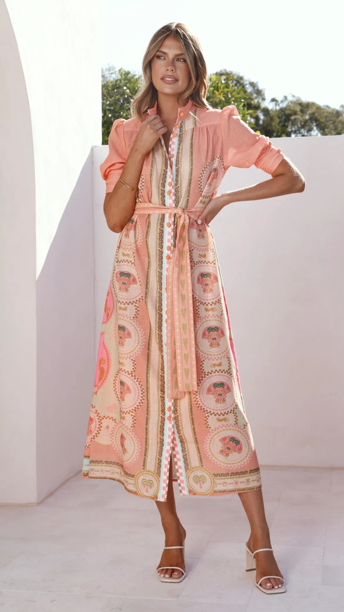 Magnolia Midi Dress - Acacia Palm Melon Wave Soft Timeless Fashion