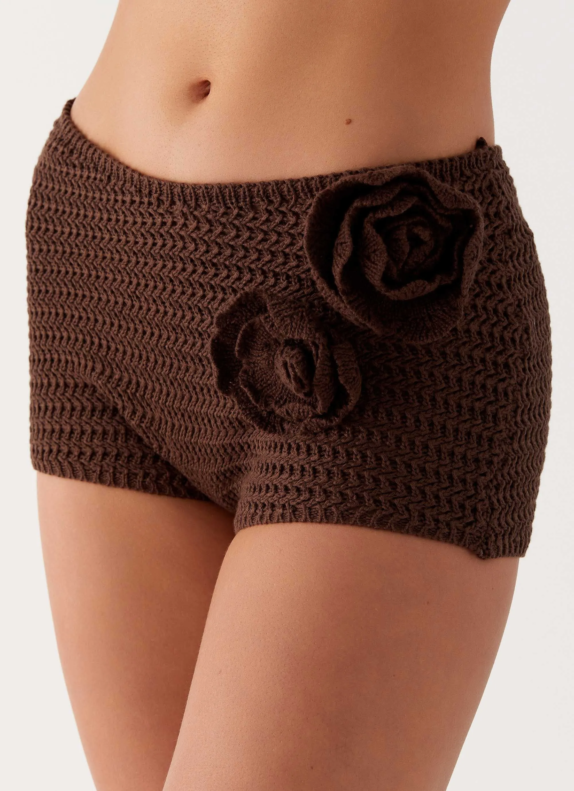Double Layered Knees Maia Rose Crochet Mini Shorts - Chocolate