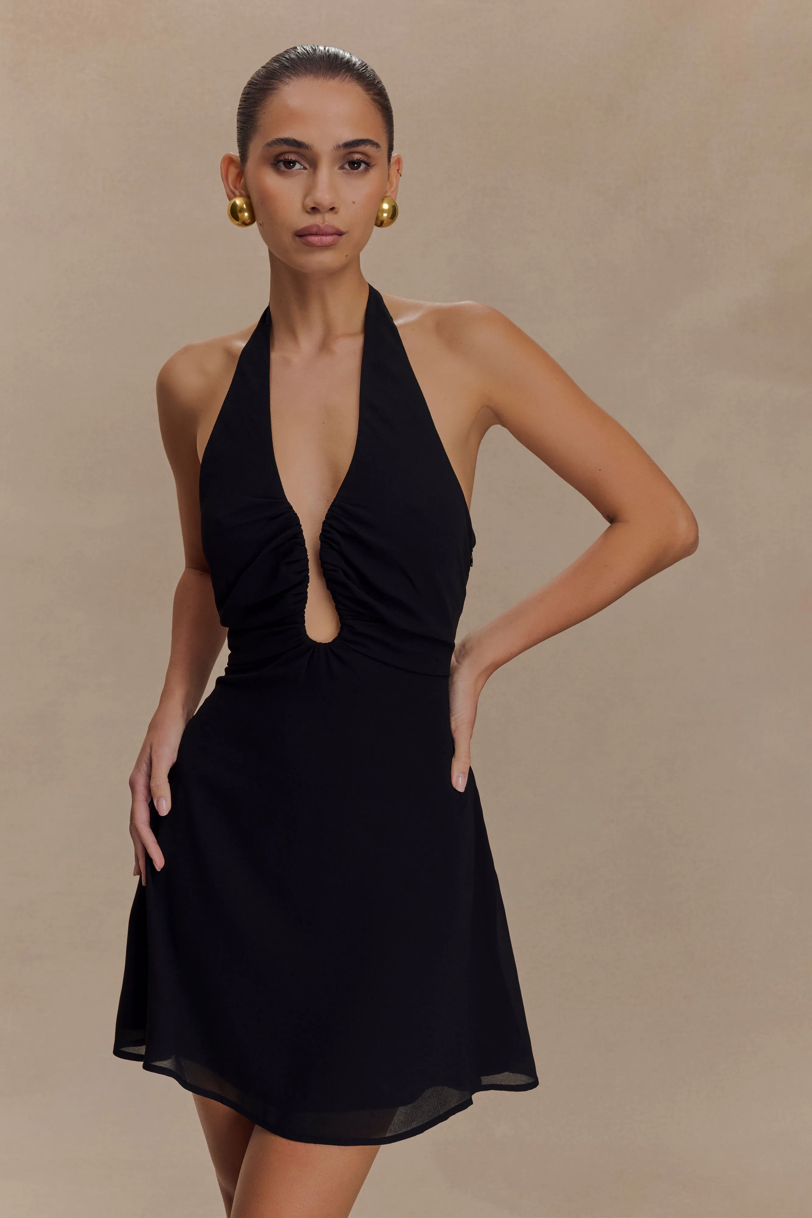 Malakhai Chiffon Halter Mini Dress - Black Cozy Drape