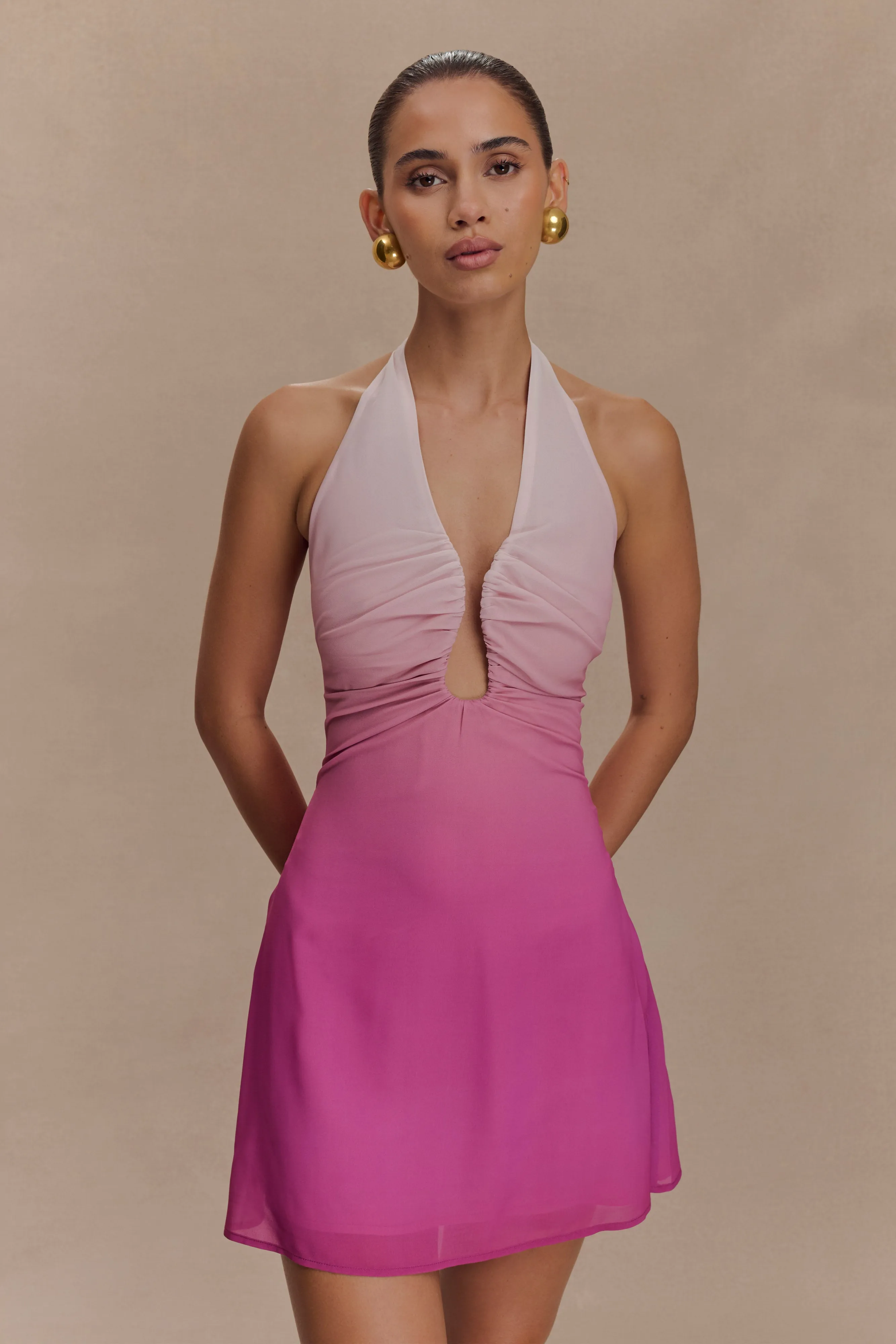 Sophisticated Cut Malakhai Chiffon Halter Mini Dress - Ombre Pink