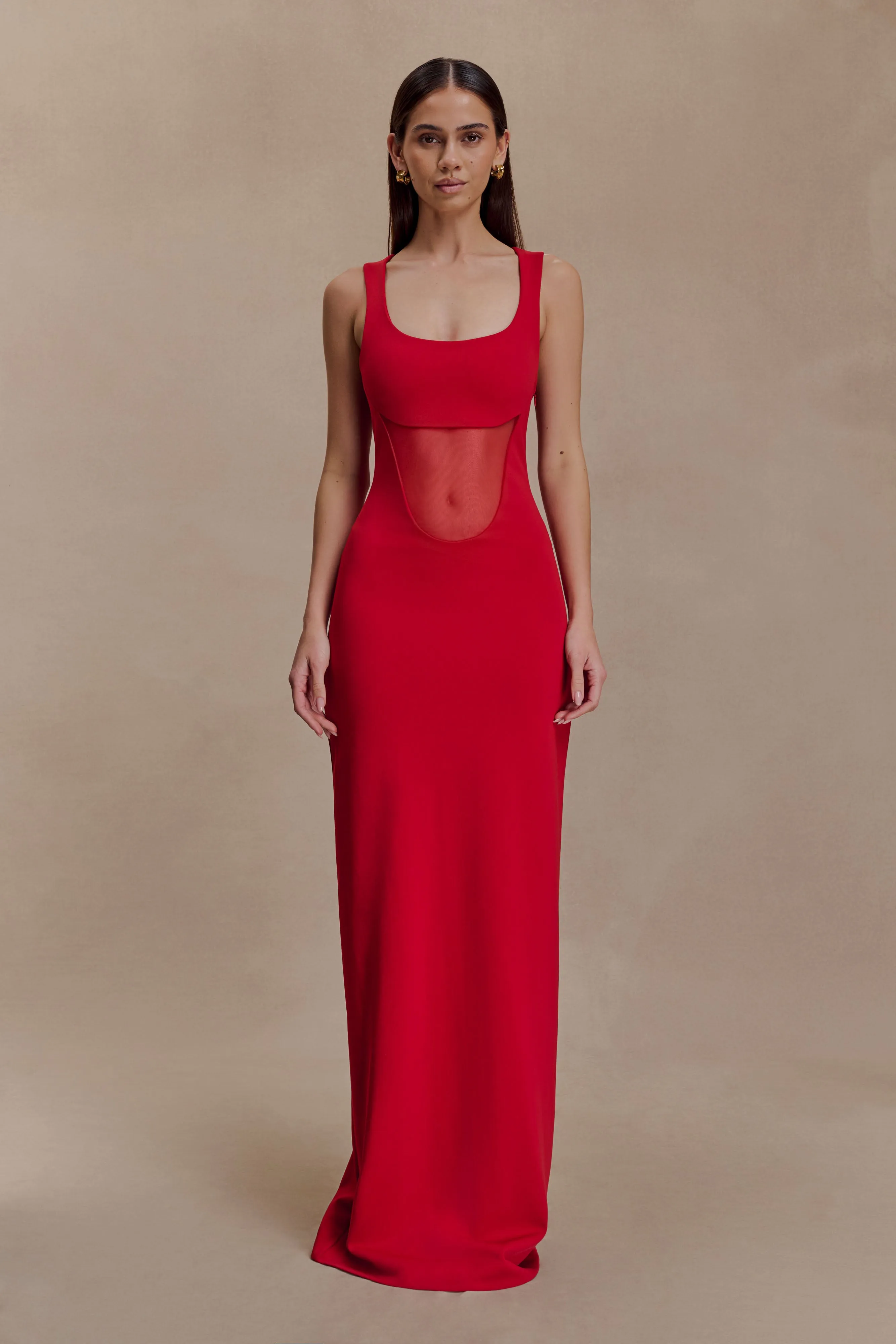 Stylish Design Elegant Flow Marlon Crepe And Mesh Maxi Dress - Cherry Red
