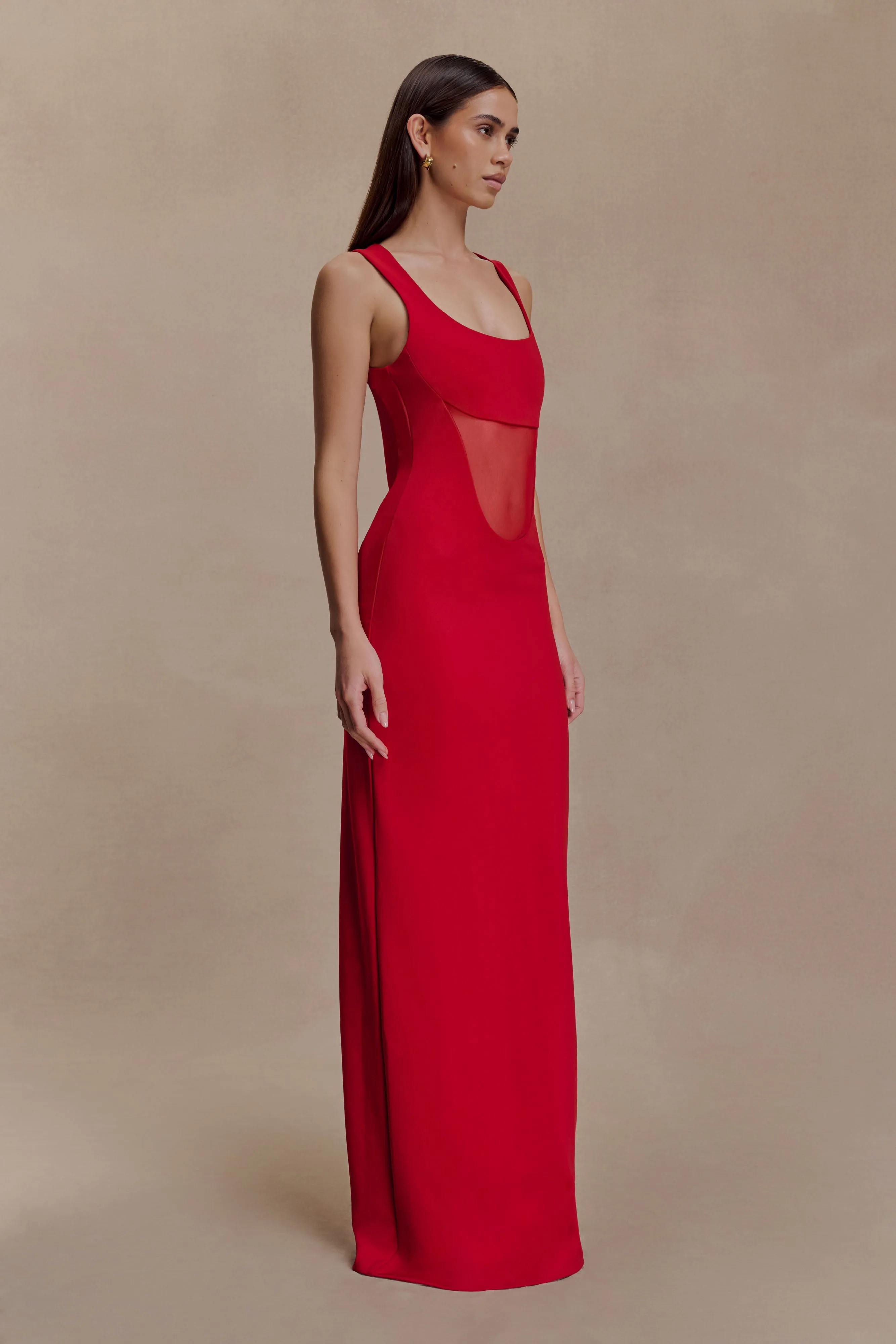 Marlon Crepe And Mesh Maxi Dress - Cherry Red Perfect For Any Occasion Timeless-Classic