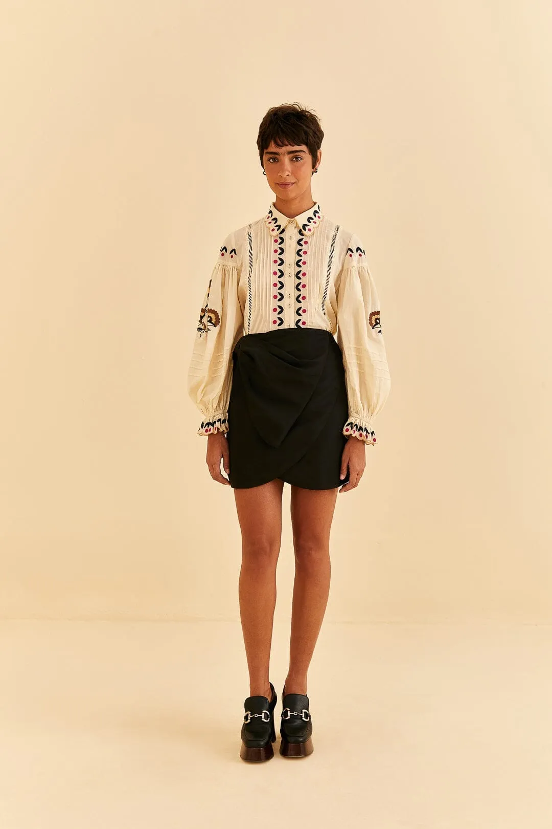 Black Taffeta Mini Skirt Floral Pattern