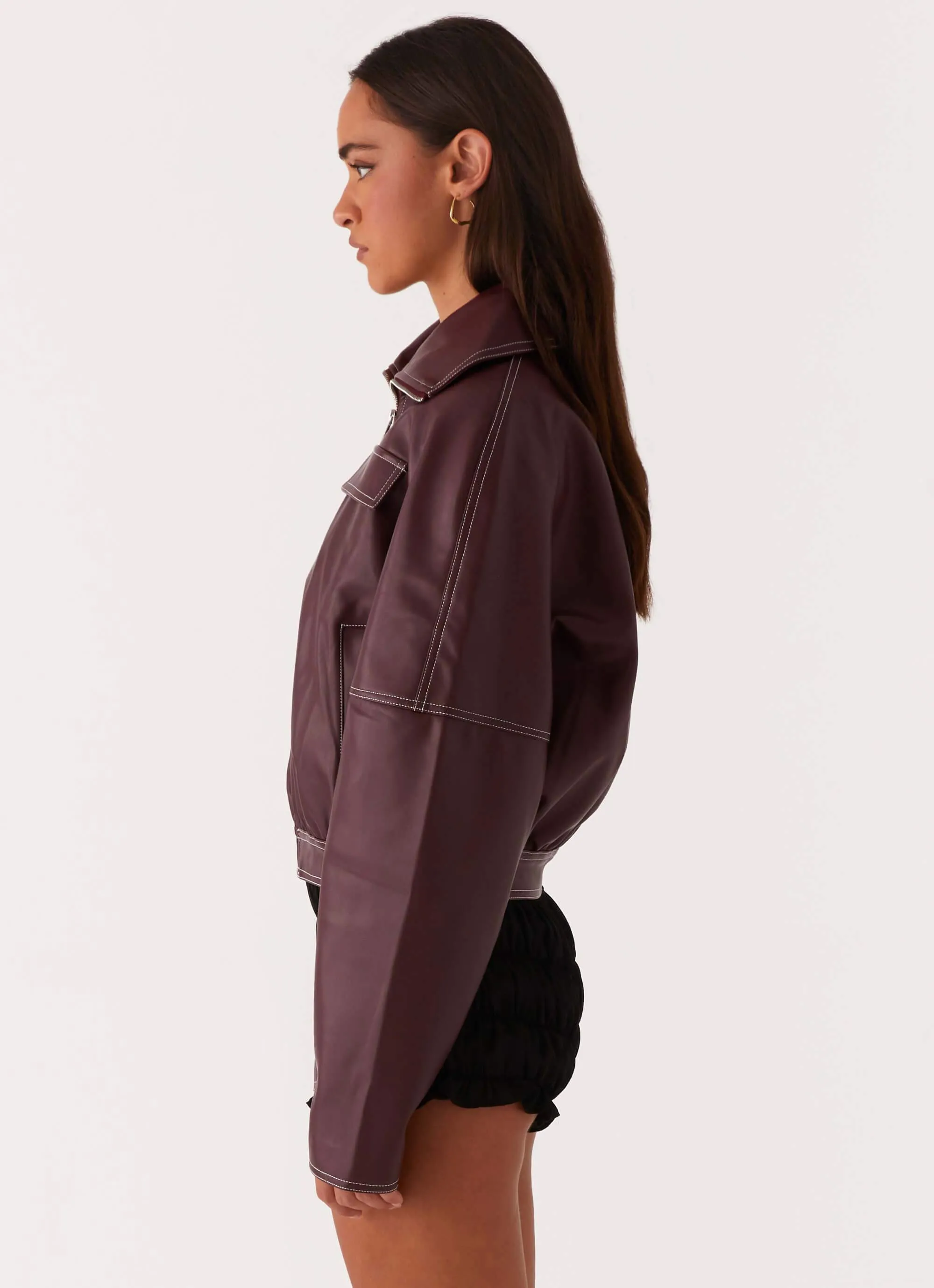 Meant To Be PU Boxy Jacket - Wine Double stitching Flexible Joint Articulation