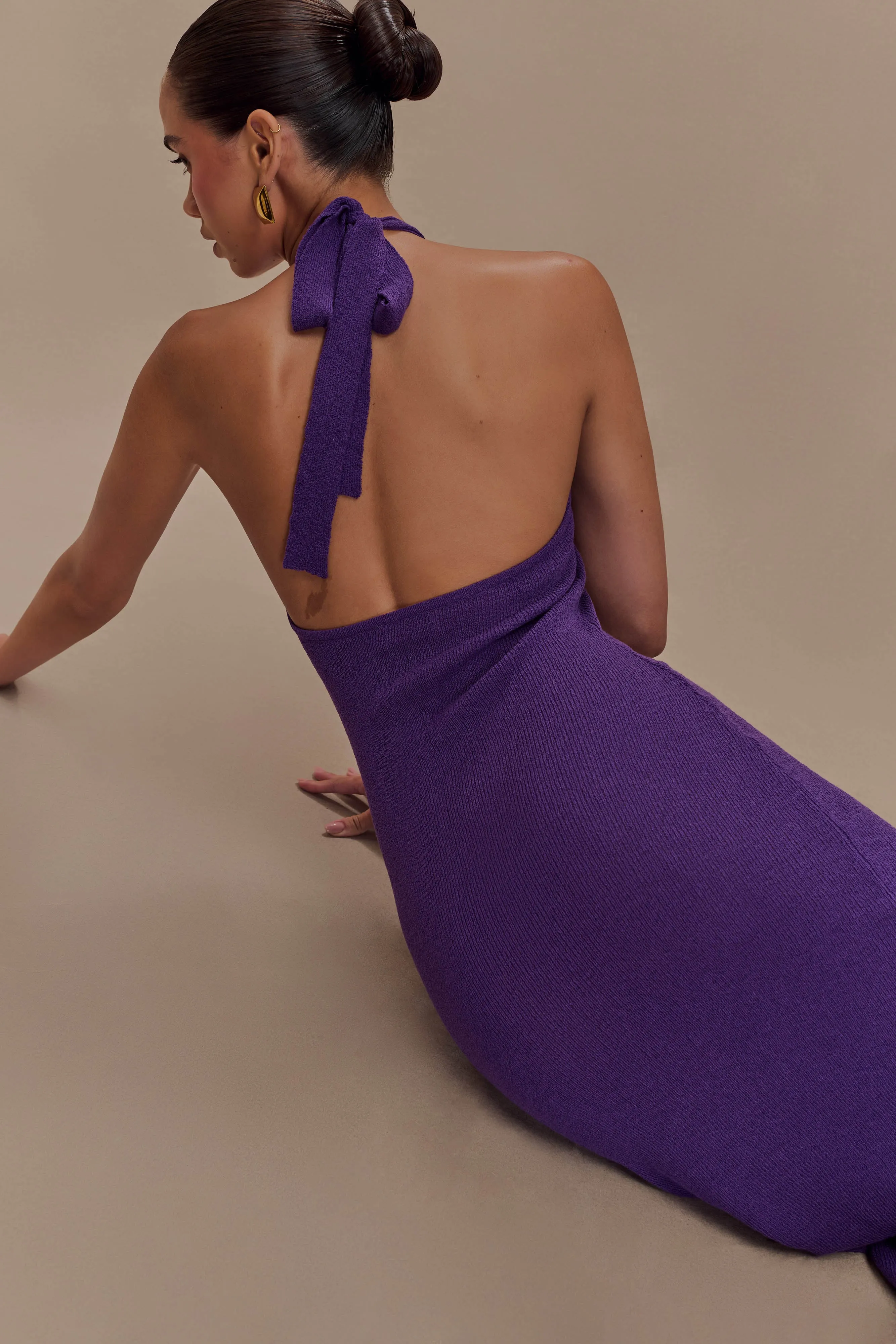 Dropped-Waist Refined Finish Melodie Halter Knit Maxi Dress - Purple