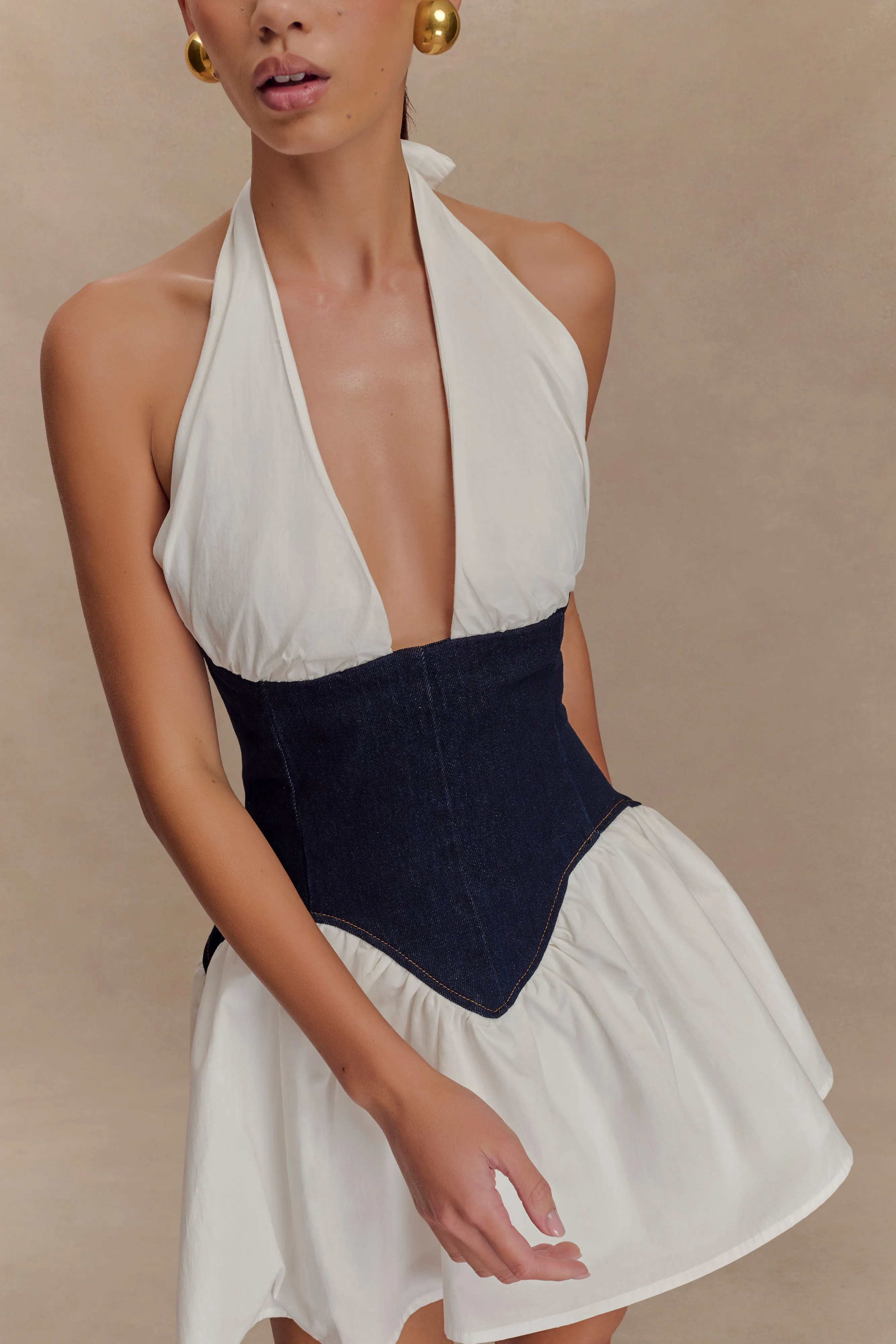 Merlyn Denim Cotton Mini Dress - Indigo Blue Flow Line Elegant Waist Design