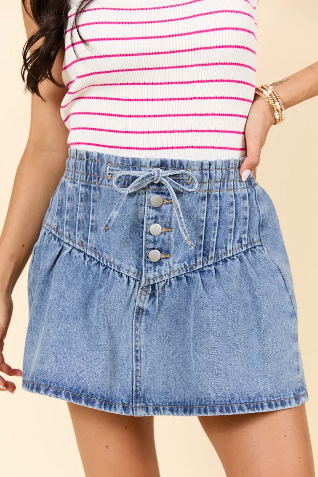 lace accents Little By Little Medium Wash Drawstring Denim Skirt SALE