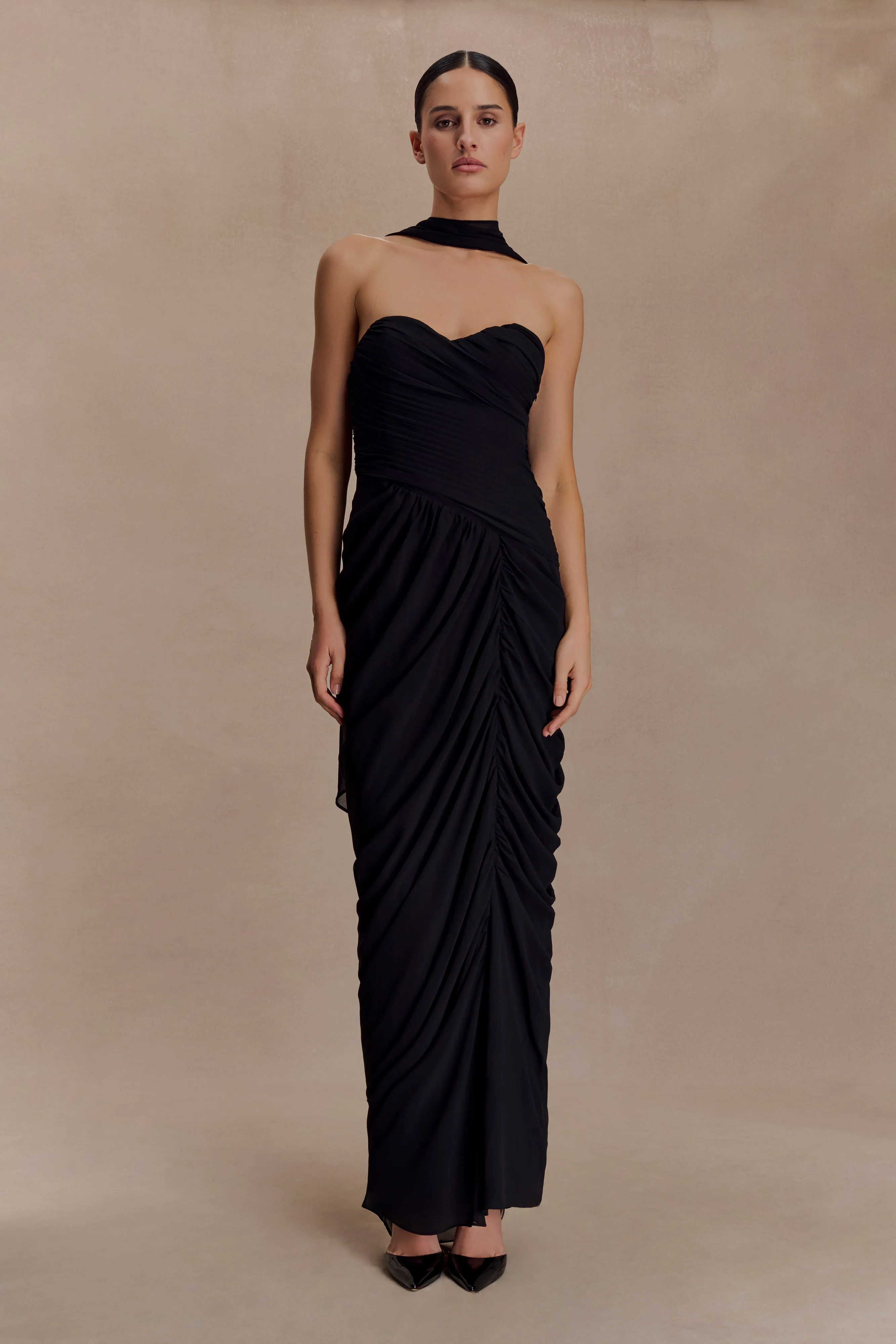 Micaela Chiffon Gathered Maxi Dress - Black Anytime Fit