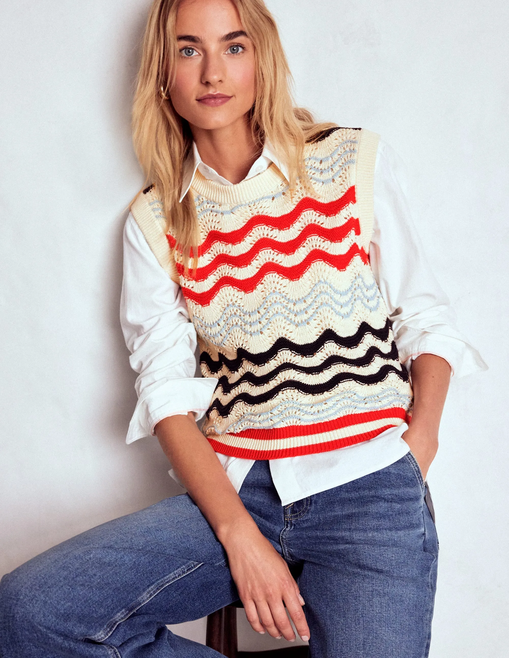 Cotton Wave Tank-Navy/ Red Textured Wave Outdoor Warmth