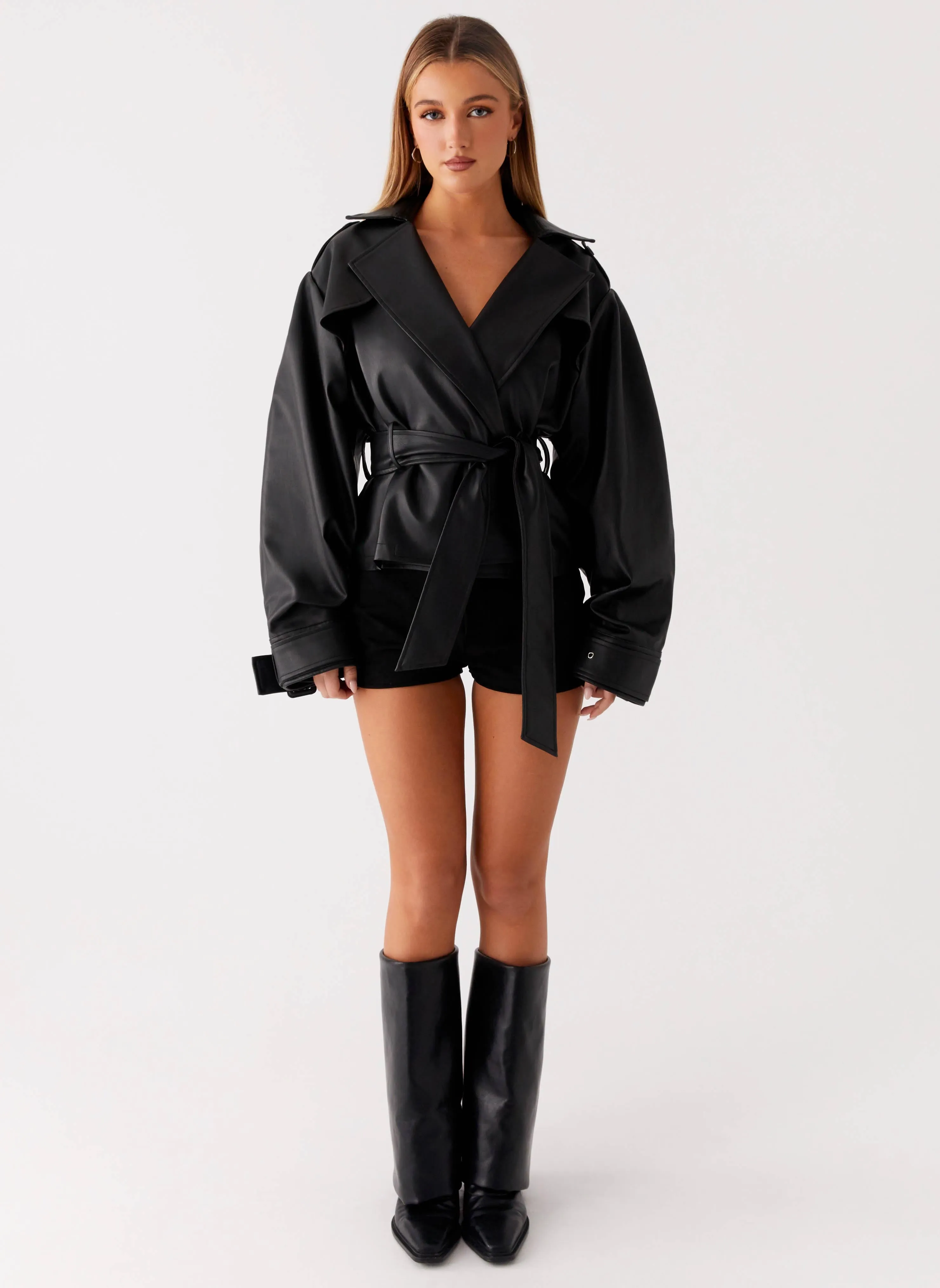 Midtown Faux Leather Trench - Black Reinforced Stitching