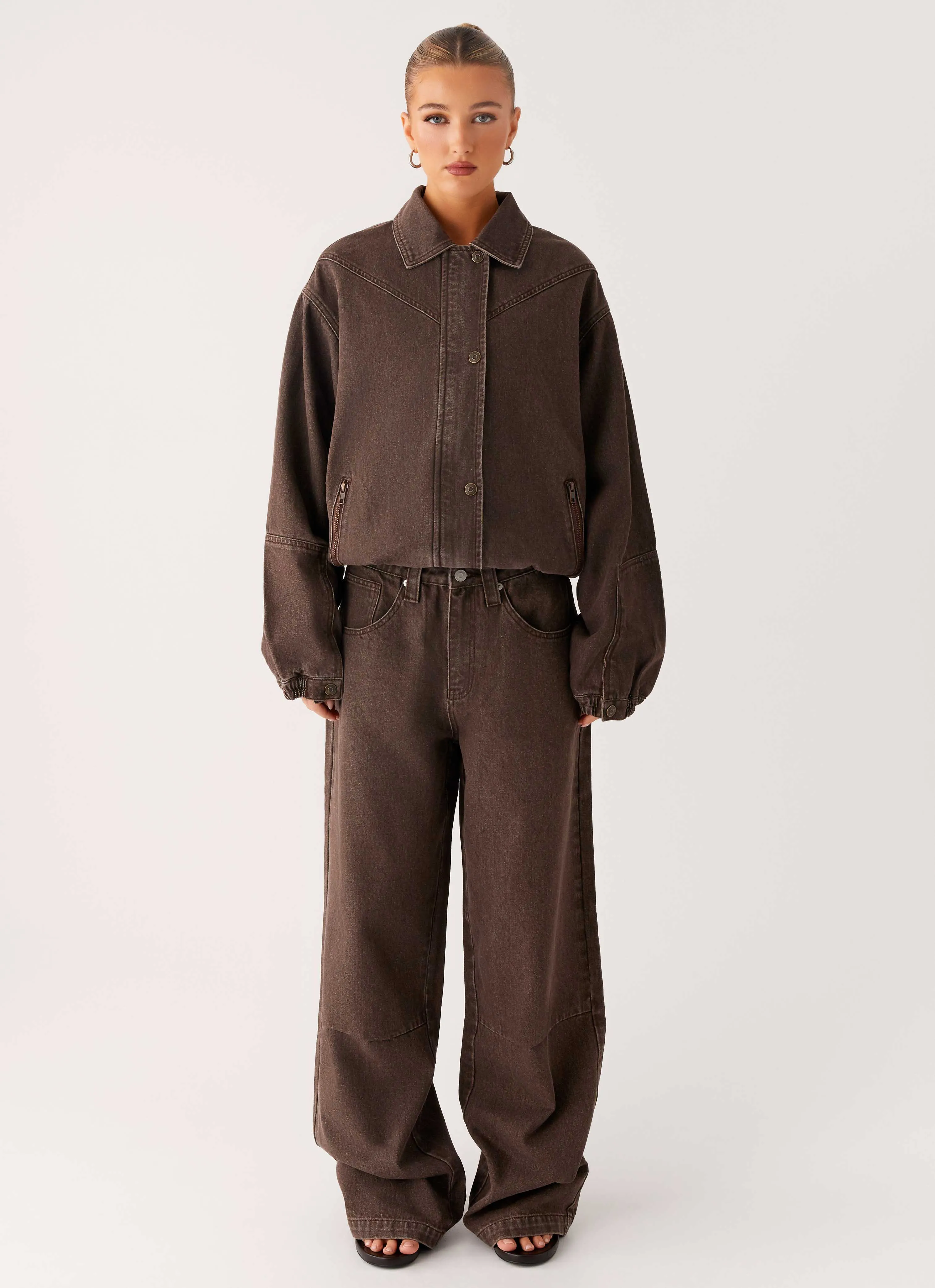 Good Material Stain Proof Midwest Washed Denim Bomber Jacket - Light Wash Chocolate