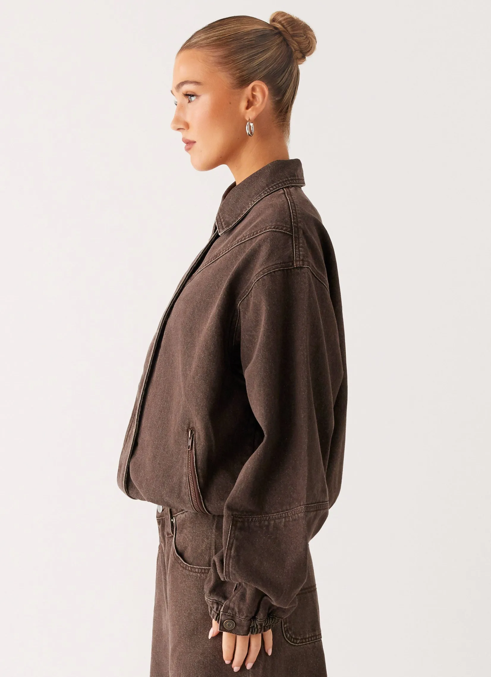 Midwest Washed Denim Bomber Jacket - Light Wash Chocolate Logo Free Style