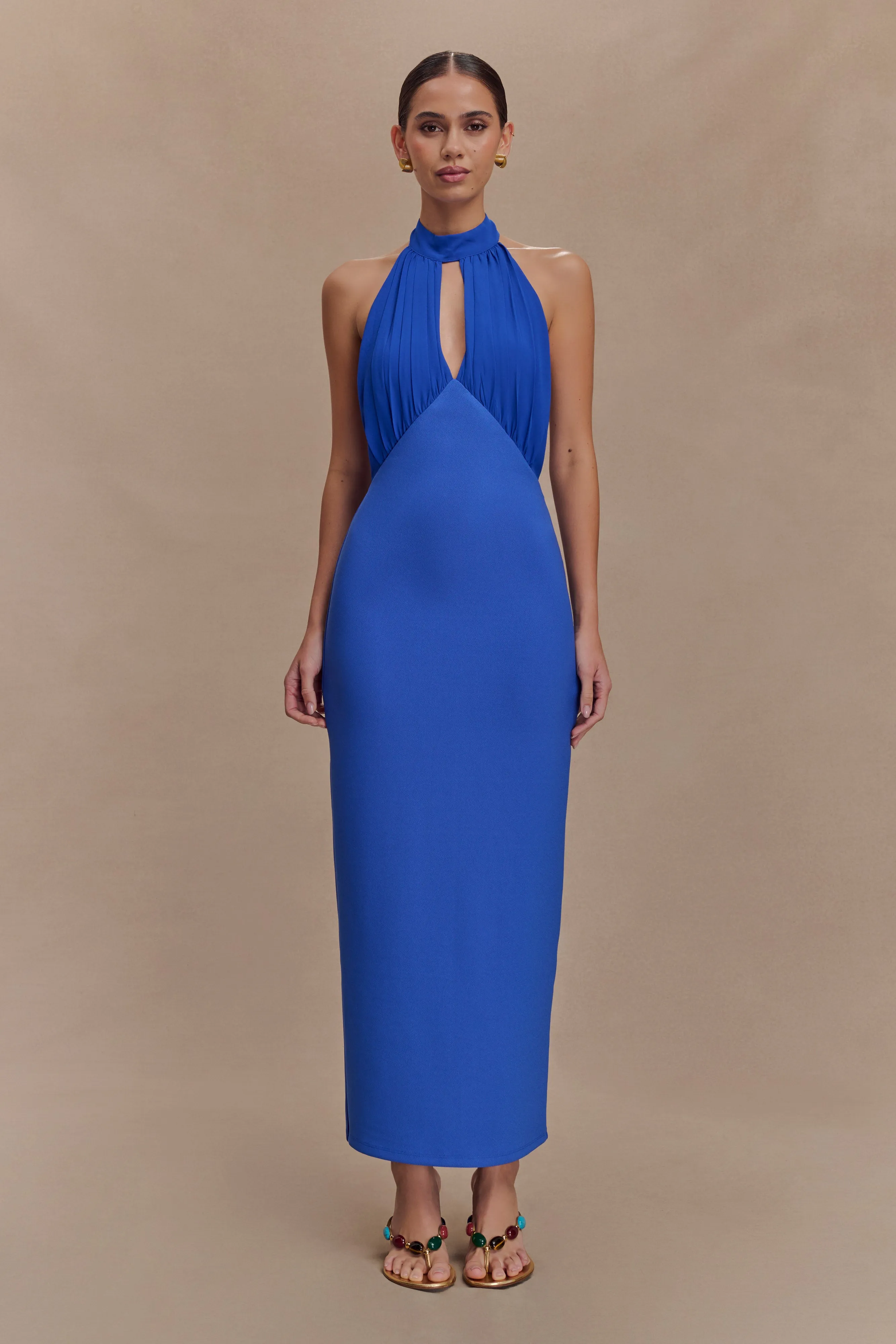 Shiny surface Playful and flirty dress Mierah Halter Midi Dress - Cobalt Blue