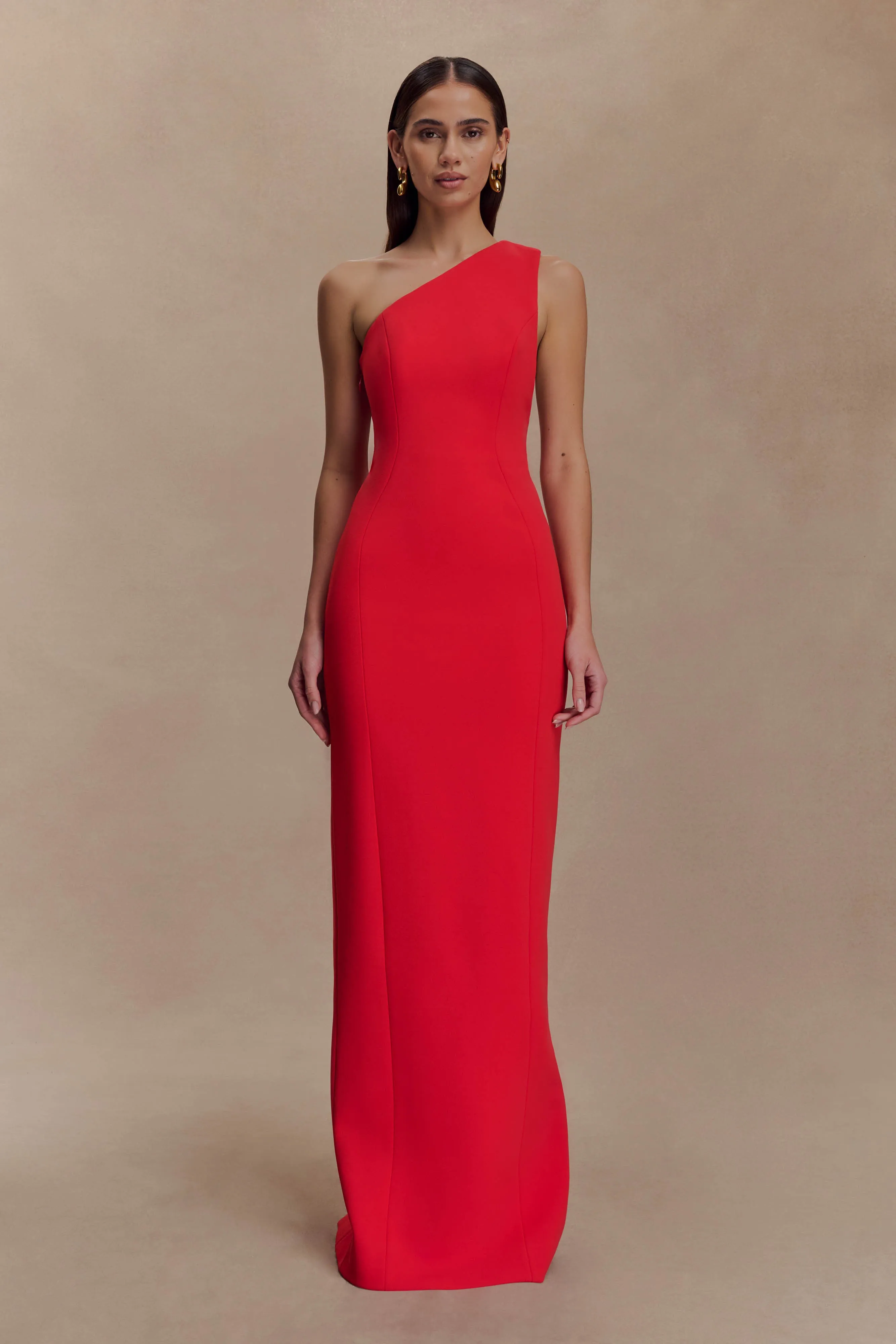Milena One Shoulder Crepe Maxi Dress - Red Farm Air Metallic Finish
