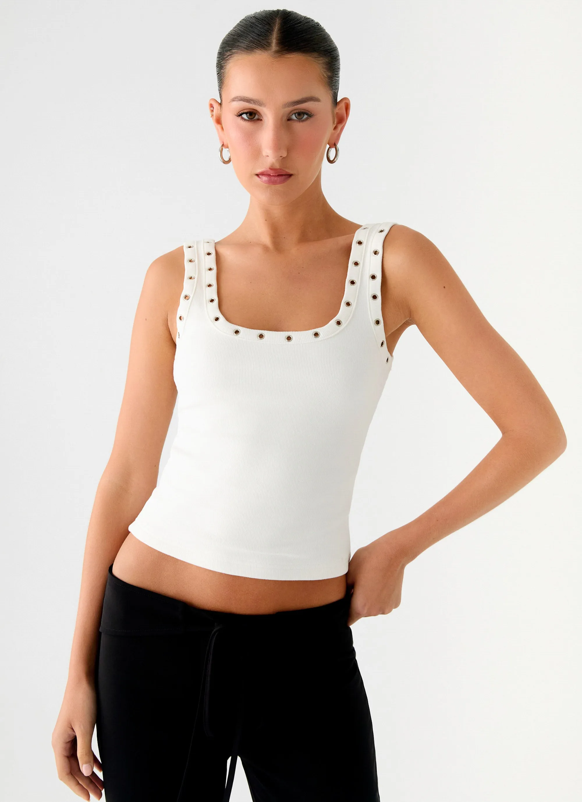 Miliani Eyelet Top - White Seamless Stitch Construction Layered Stitch Details