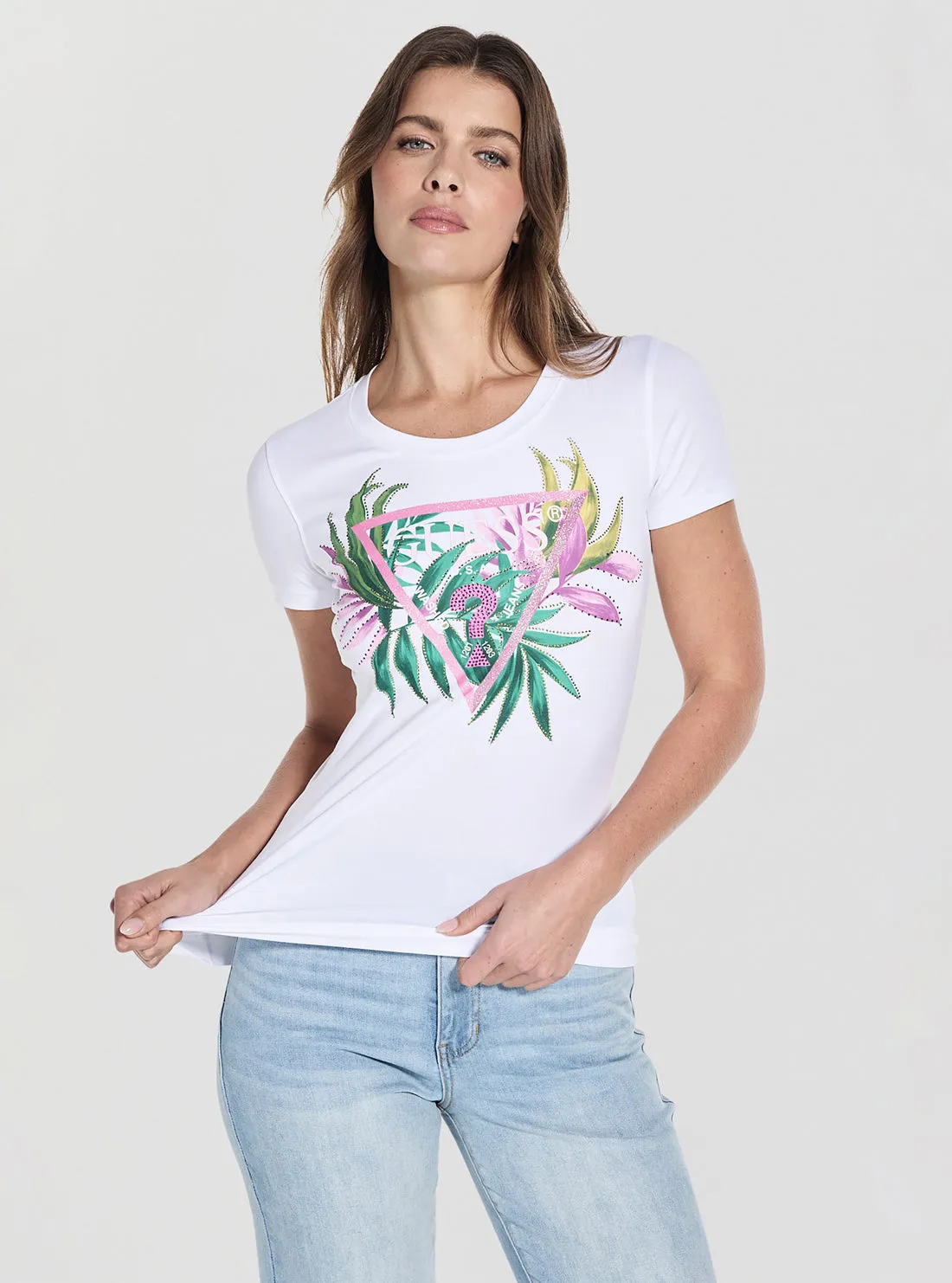 Classic Outfit Style Easy-to-Match Eco White Leaf Triangle Logo T-Shirt