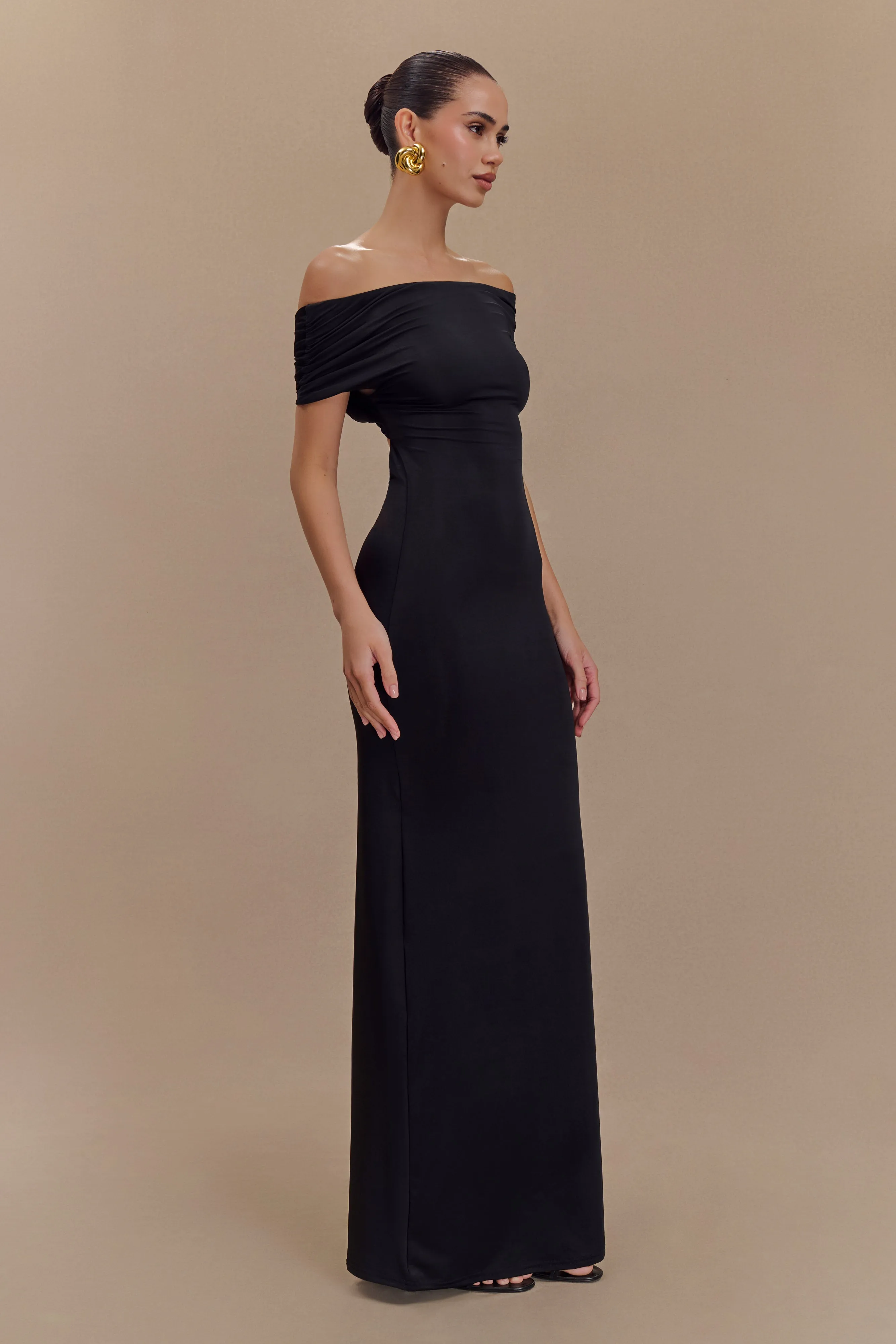 Imogen Off Shoulder Slinky Maxi Dress - Black Modern Layering Slimming Shape