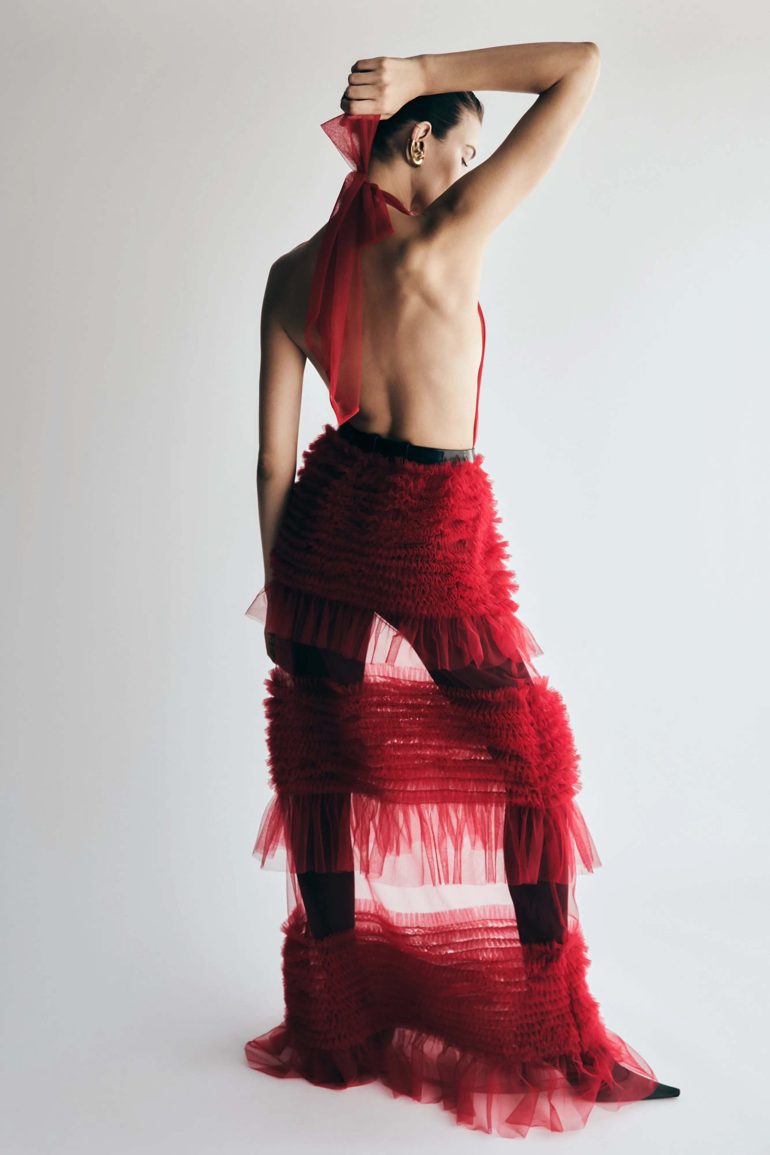 Occasion Wear Minka Mesh Ruffle Halter Maxi Dress - Red