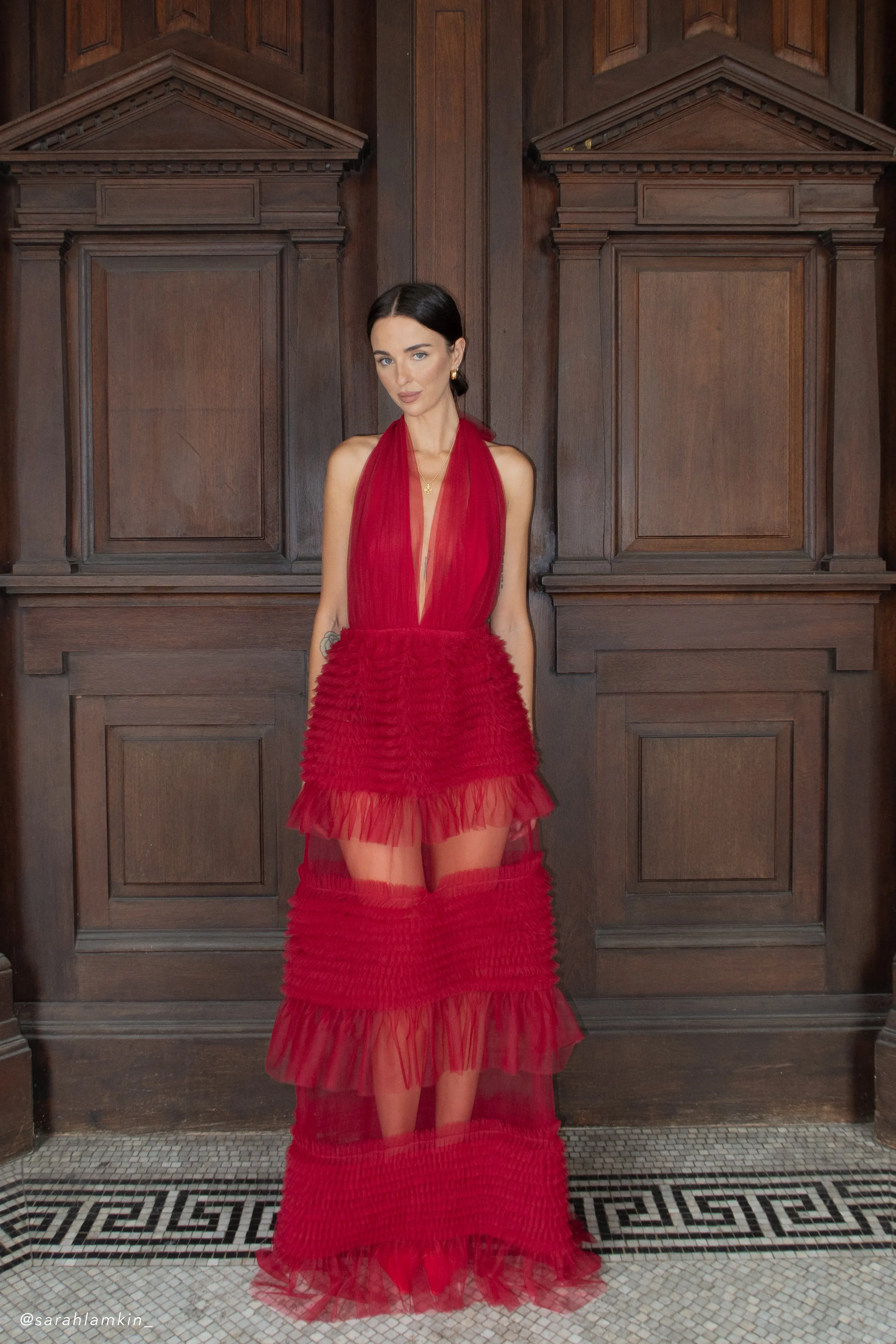 Air Comfort Feminine Energy Minka Mesh Ruffle Halter Maxi Dress - Red