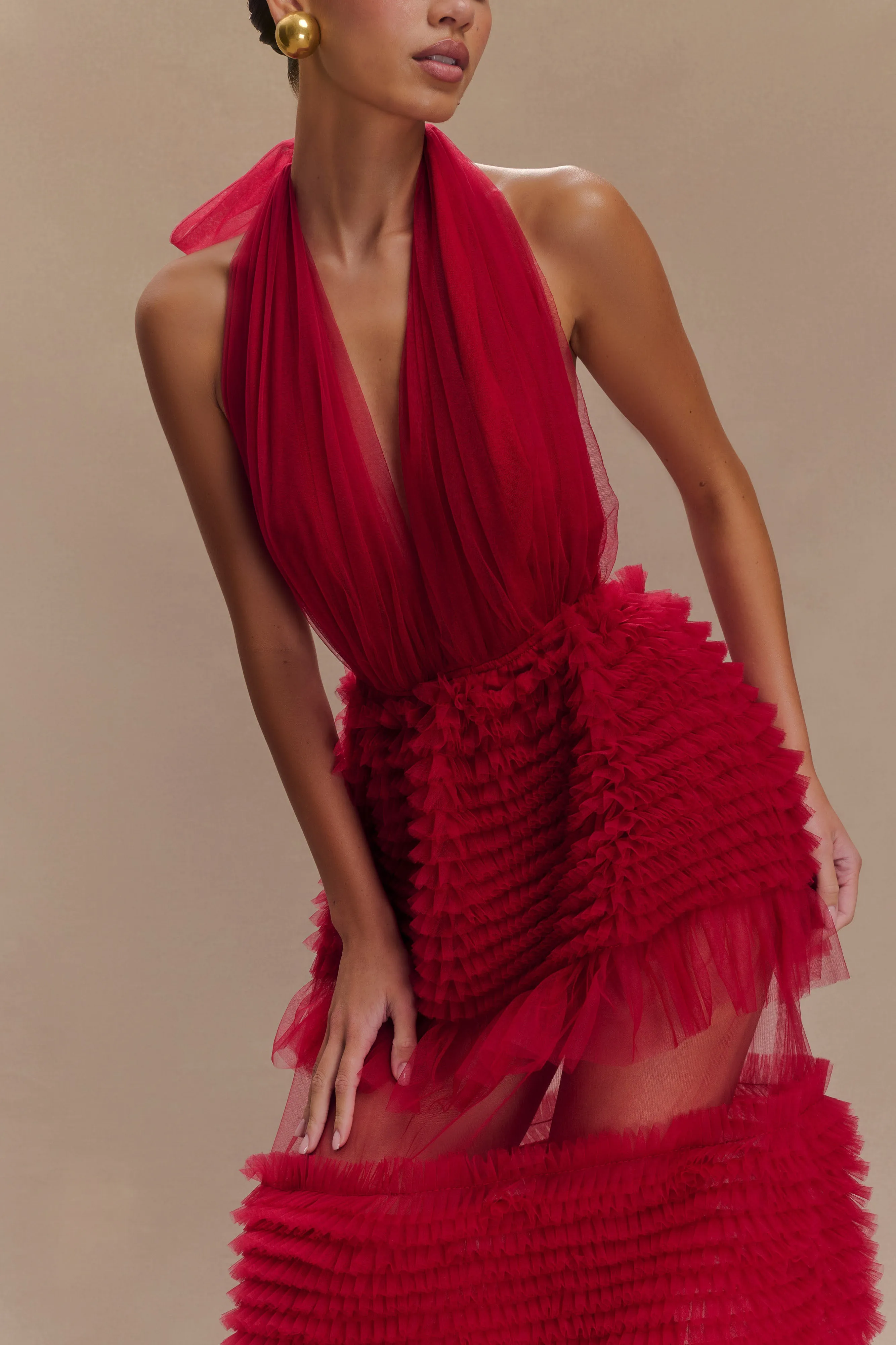 Minka Mesh Ruffle Halter Maxi Dress - Red Insulating-Lining Soft Curve